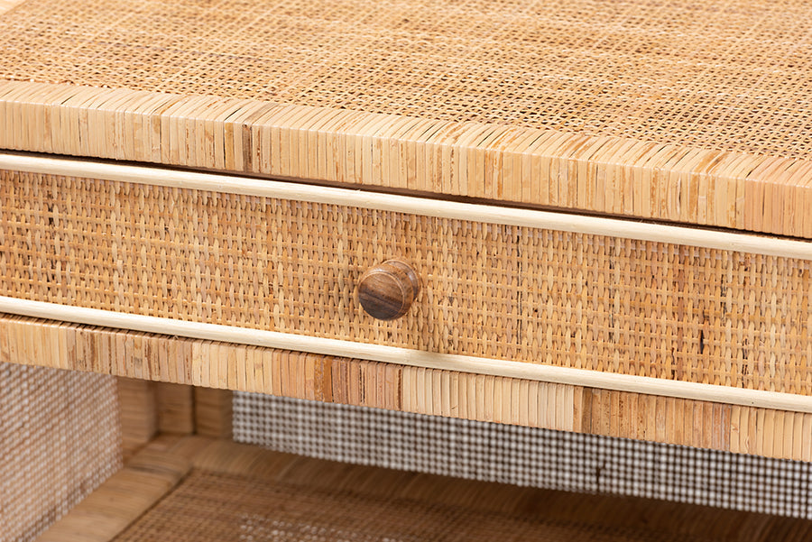 bali & pari Bella Modern Bohemian Natural Brown Mahogany Wood and Natural Rattan 1-Drawer Console Table