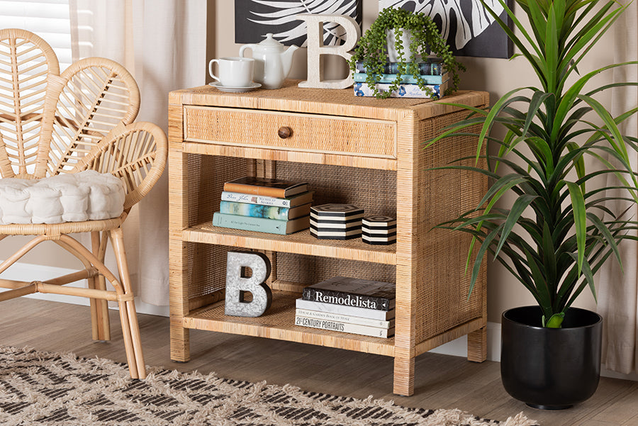 bali & pari Bella Modern Bohemian Natural Brown Mahogany Wood and Natural Rattan 1-Drawer Console Table