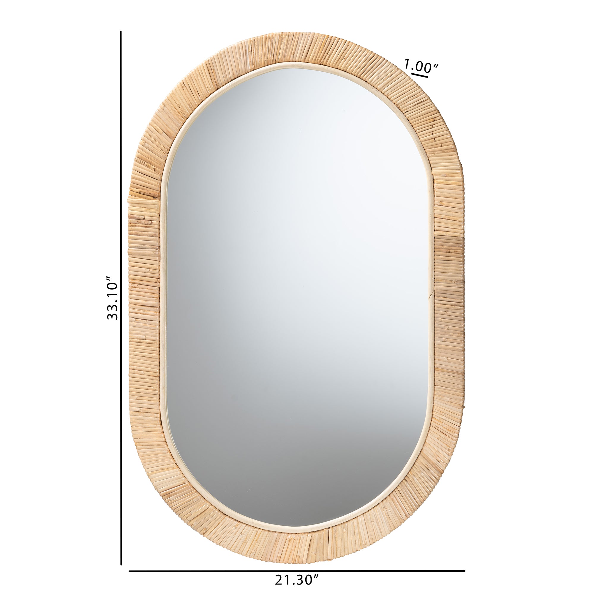Modern Bohemian Natural Brown Mahogany Wood and Natural Rattan Oval Mirror