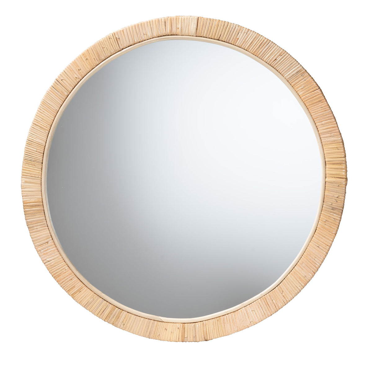 bali & pari Bella Modern Bohemian Natural Brown Mahogany Wood and Natural Rattan Round Mirror