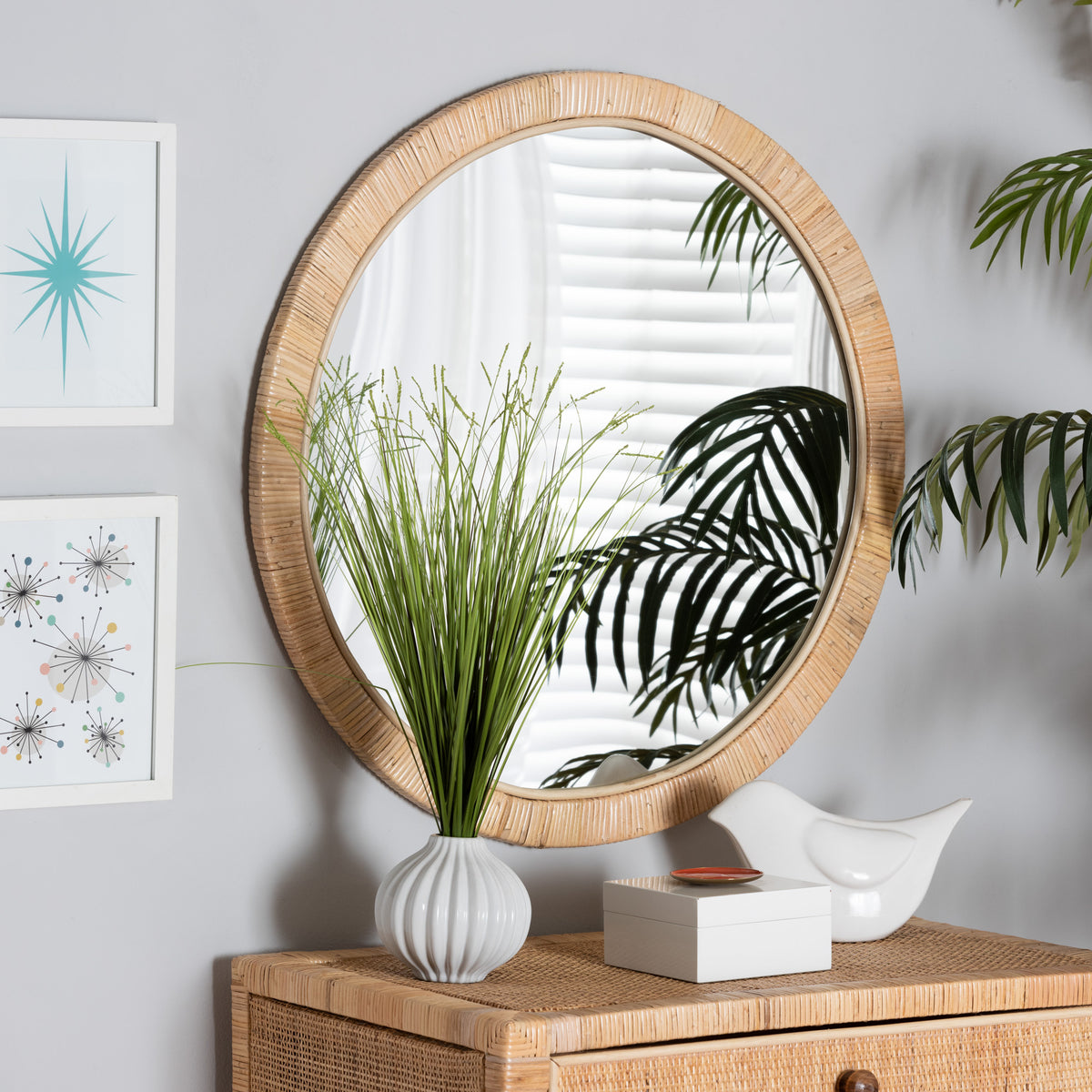 bali & pari Bella Modern Bohemian Natural Brown Mahogany Wood and Natural Rattan Round Mirror