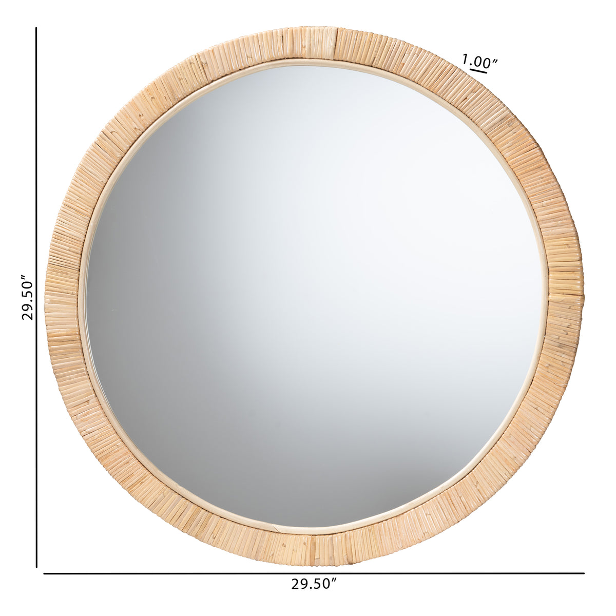 bali & pari Bella Modern Bohemian Natural Brown Mahogany Wood and Natural Rattan Round Mirror