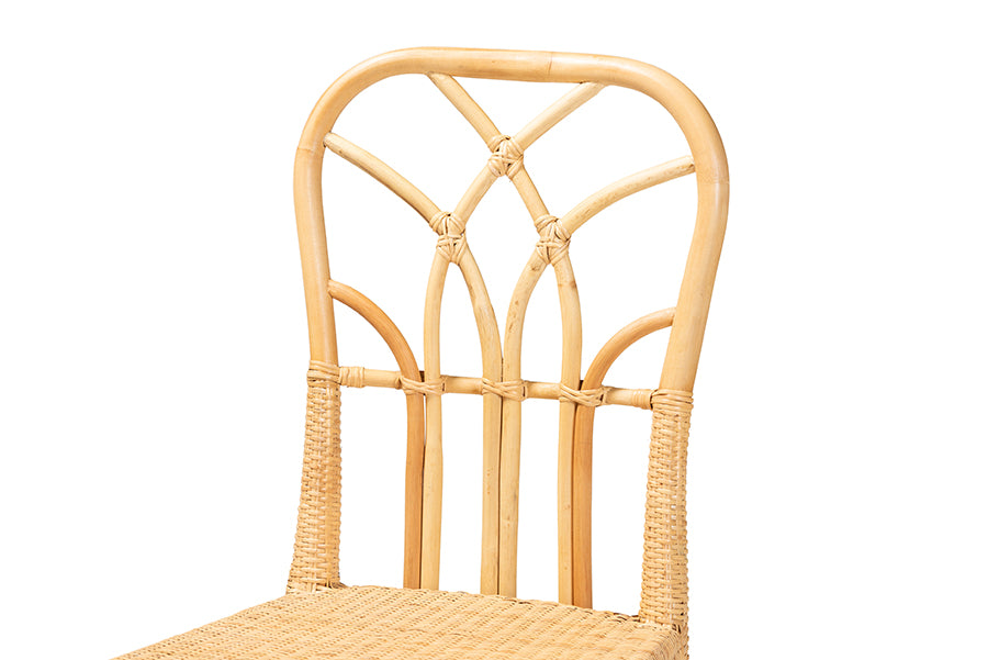 bali & pari Monaco Modern Bohemian Oak Brown Finished Mahogany Wood and Natural Rattan Dining Chair