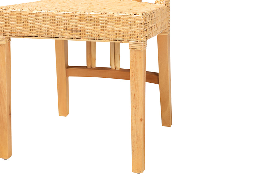 bali & pari Monaco Modern Bohemian Oak Brown Finished Mahogany Wood and Natural Rattan Dining Chair