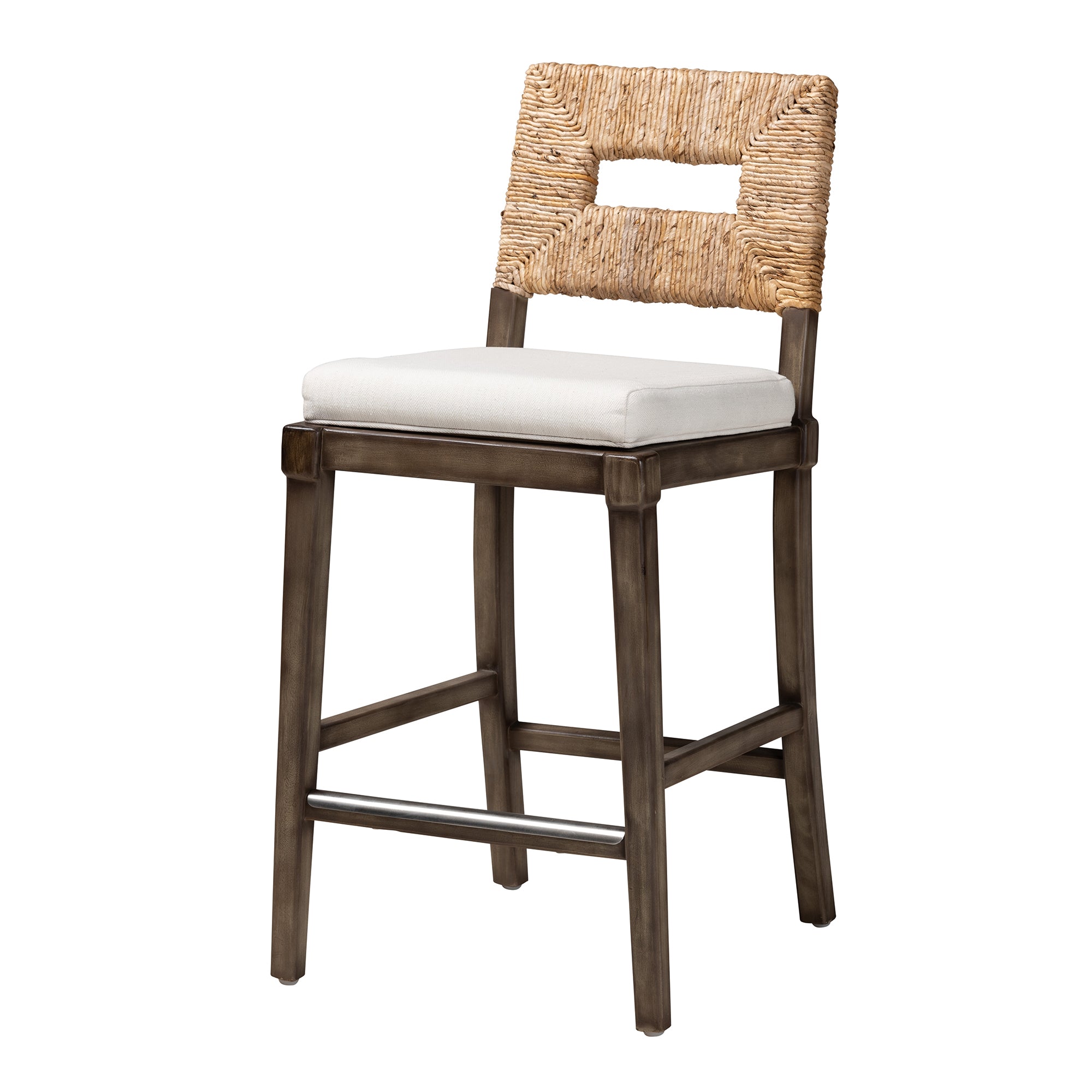 bali & pari Porsha Modern Bohemian Dark Brown Finished Mahogany Wood and Natural Rattan Counter Stool