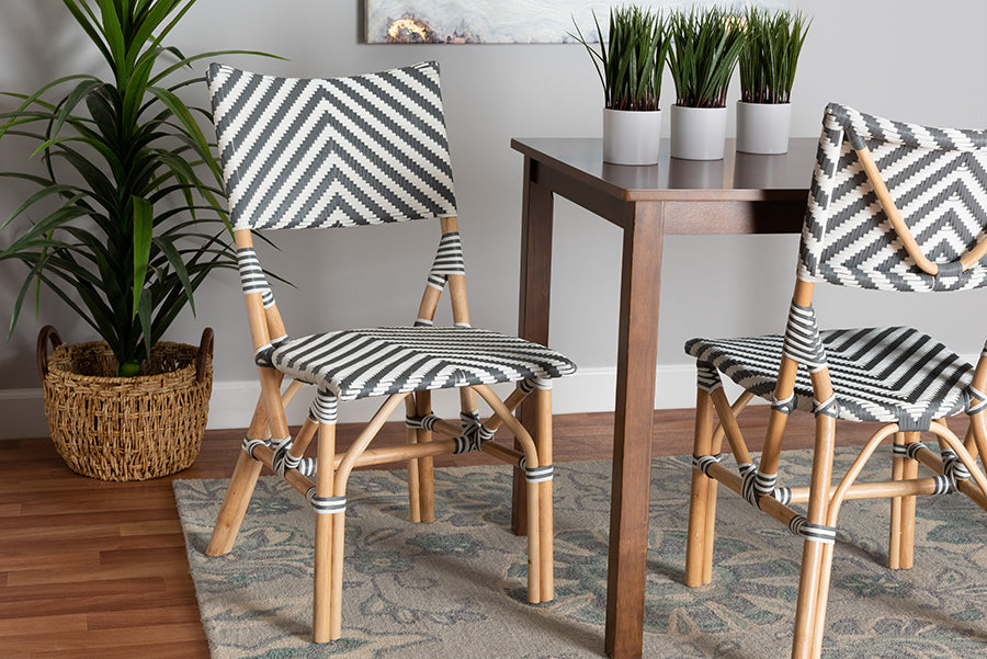 bali & pari Shai Modern French Grey and White Weaving and Natural Rattan Bistro Chair