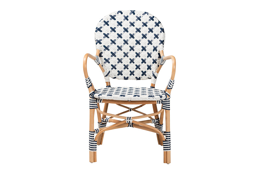 Bryson Modern French Blue and White Weaving and Natural Rattan Bistro Chair