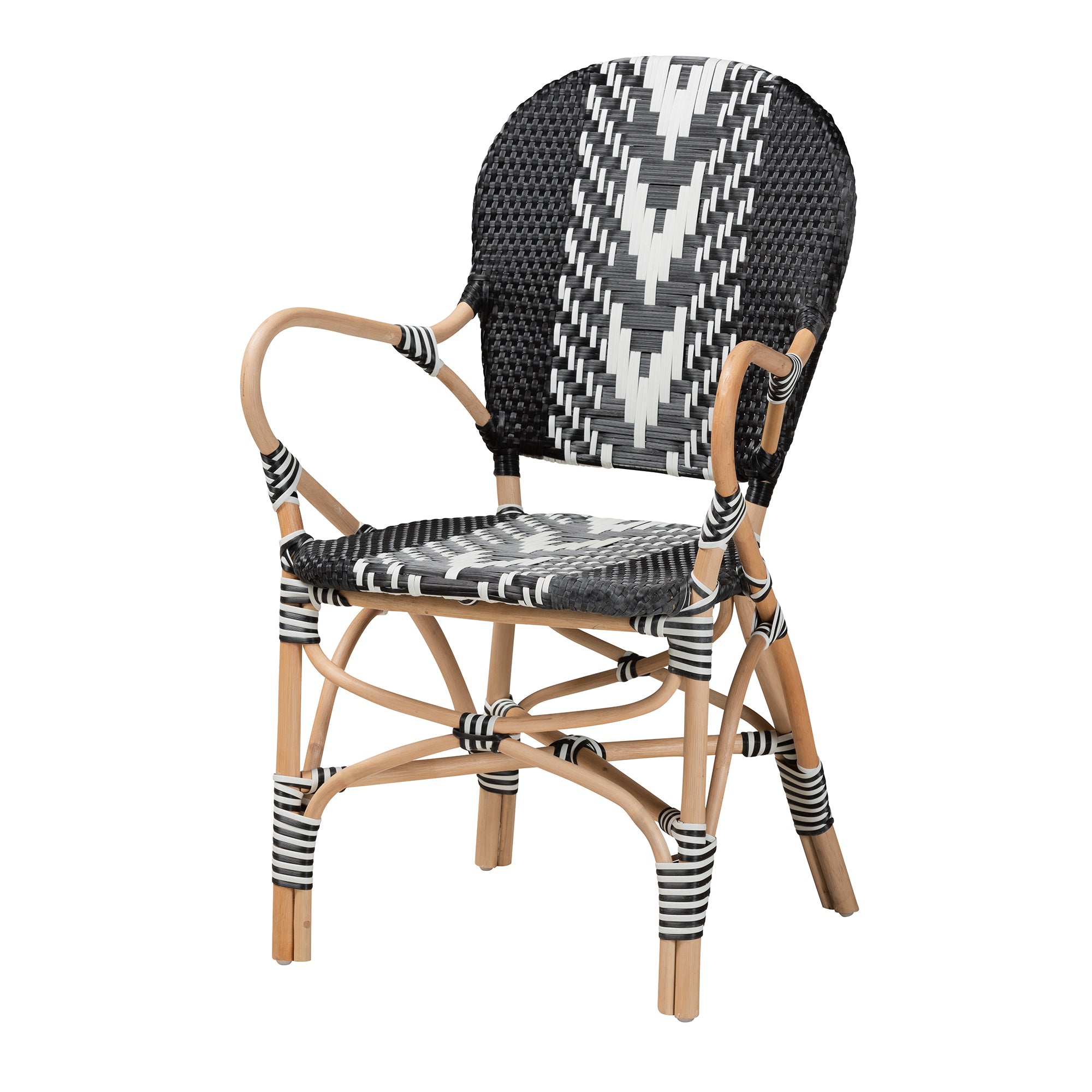 bali & pari Wallis Modern French Two-Tone Black and White Weaving and Natural Rattan Indoor Dining Chair