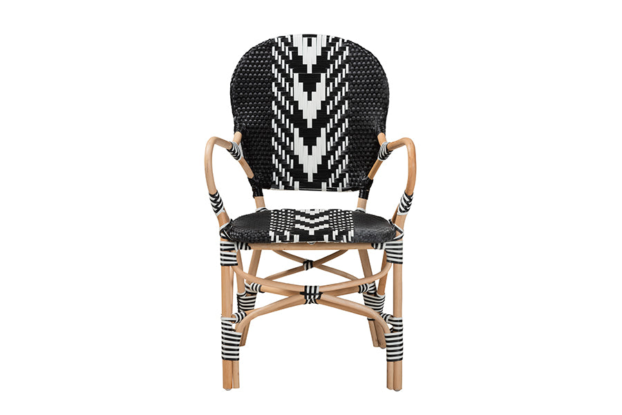 Wallis Modern French Two-Tone Black and White Weaving and Natural Rattan Indoor Dining Chair