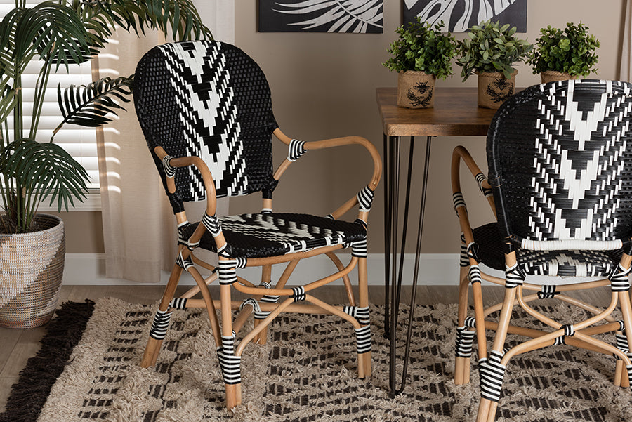 Wallis Modern French Two-Tone Black and White Weaving and Natural Rattan Indoor Dining Chair