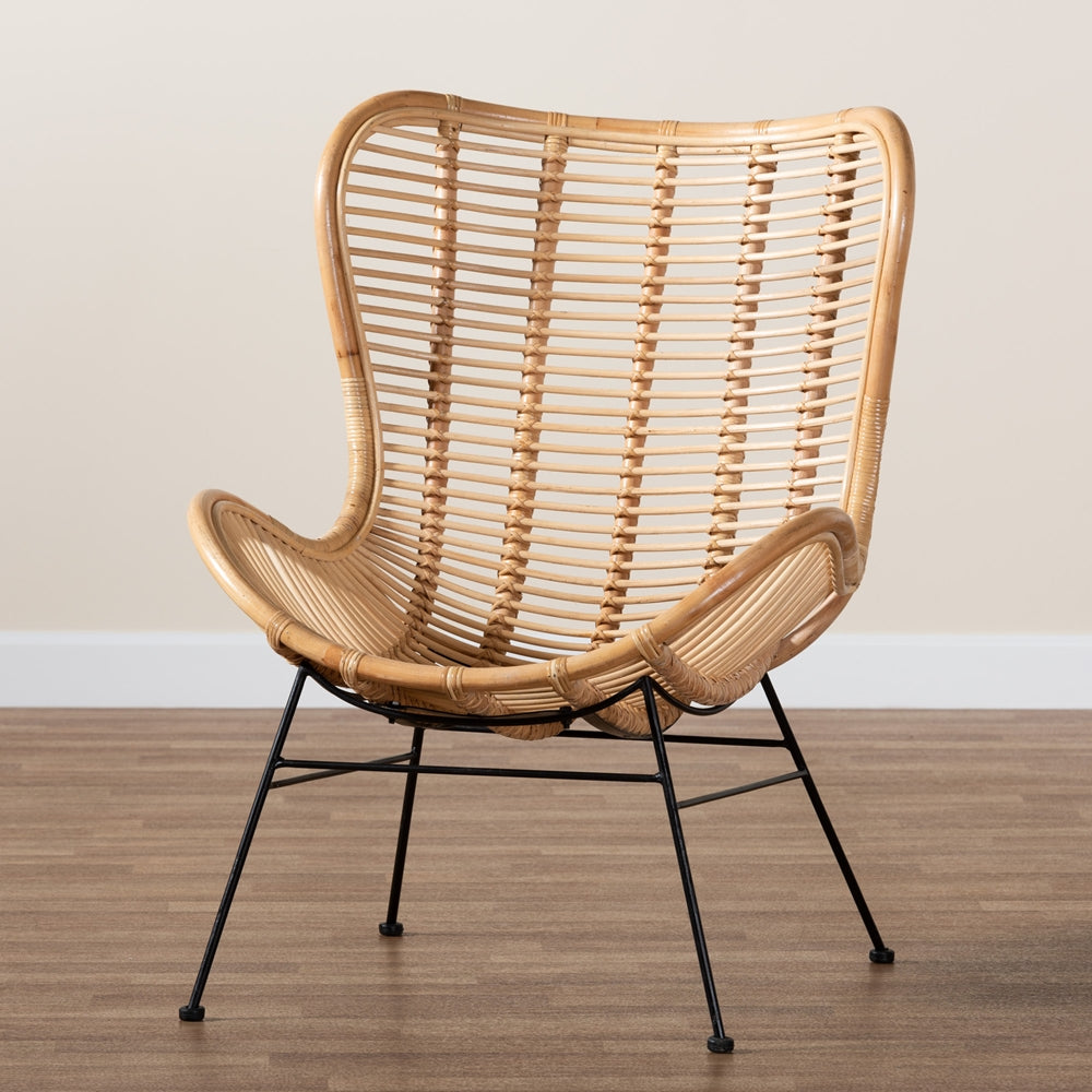 Colorado Modern Bohemian Natural Brown Rattan and Black Metal Accent Chair
