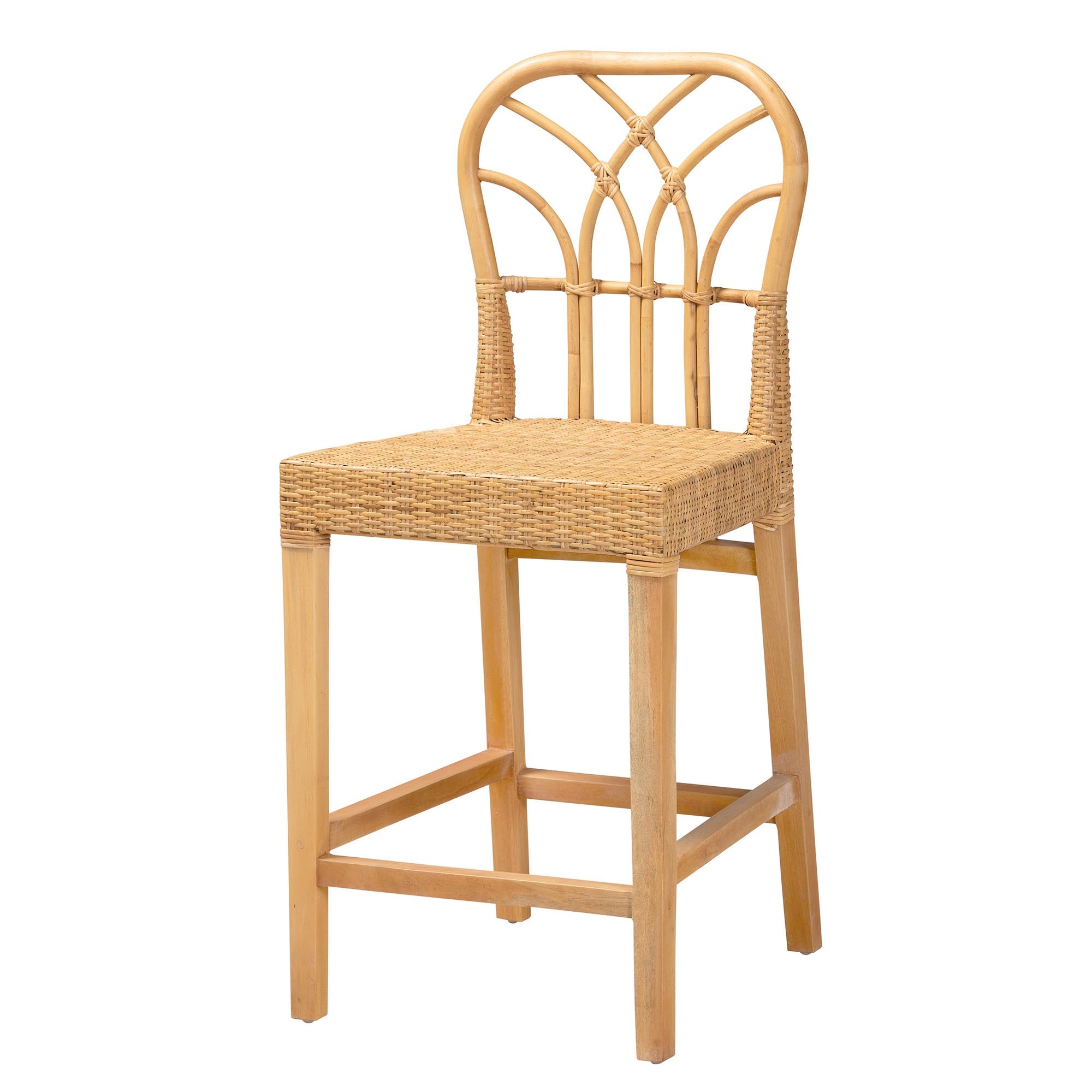 bali & pari Monaco Modern Bohemian Natural Rattan and Mahogany Wood Counter Stool