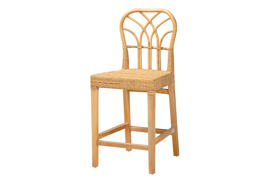 bali & pari Monaco Modern Bohemian Natural Rattan and Mahogany Wood Counter Stool