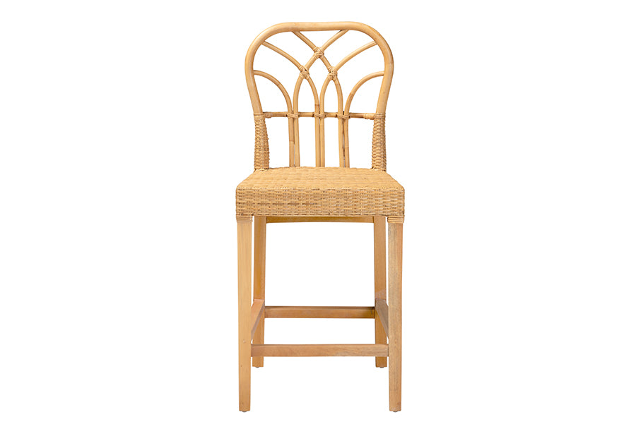 bali & pari Monaco Modern Bohemian Natural Rattan and Mahogany Wood Counter Stool