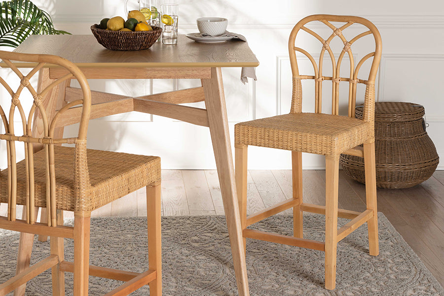 bali & pari Monaco Modern Bohemian Natural Rattan and Mahogany Wood Counter Stool