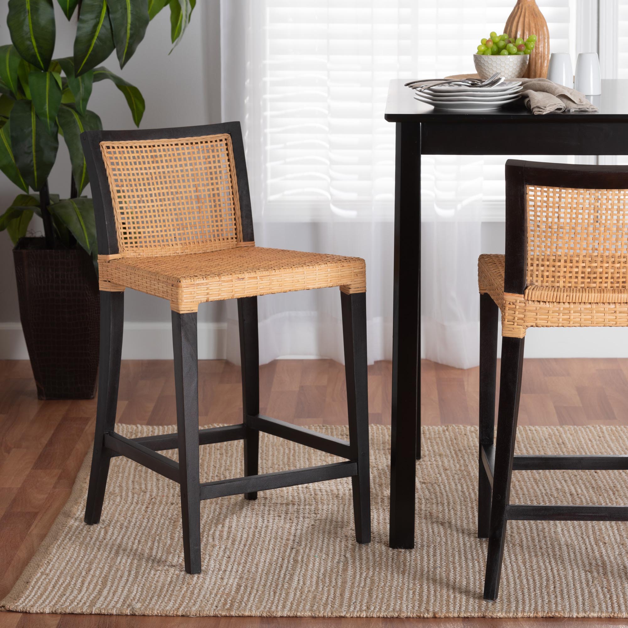 bali & pari Lingga Modern Bohemian Dark Brown Mahogany Wood and Natural Rattan Counter Stool