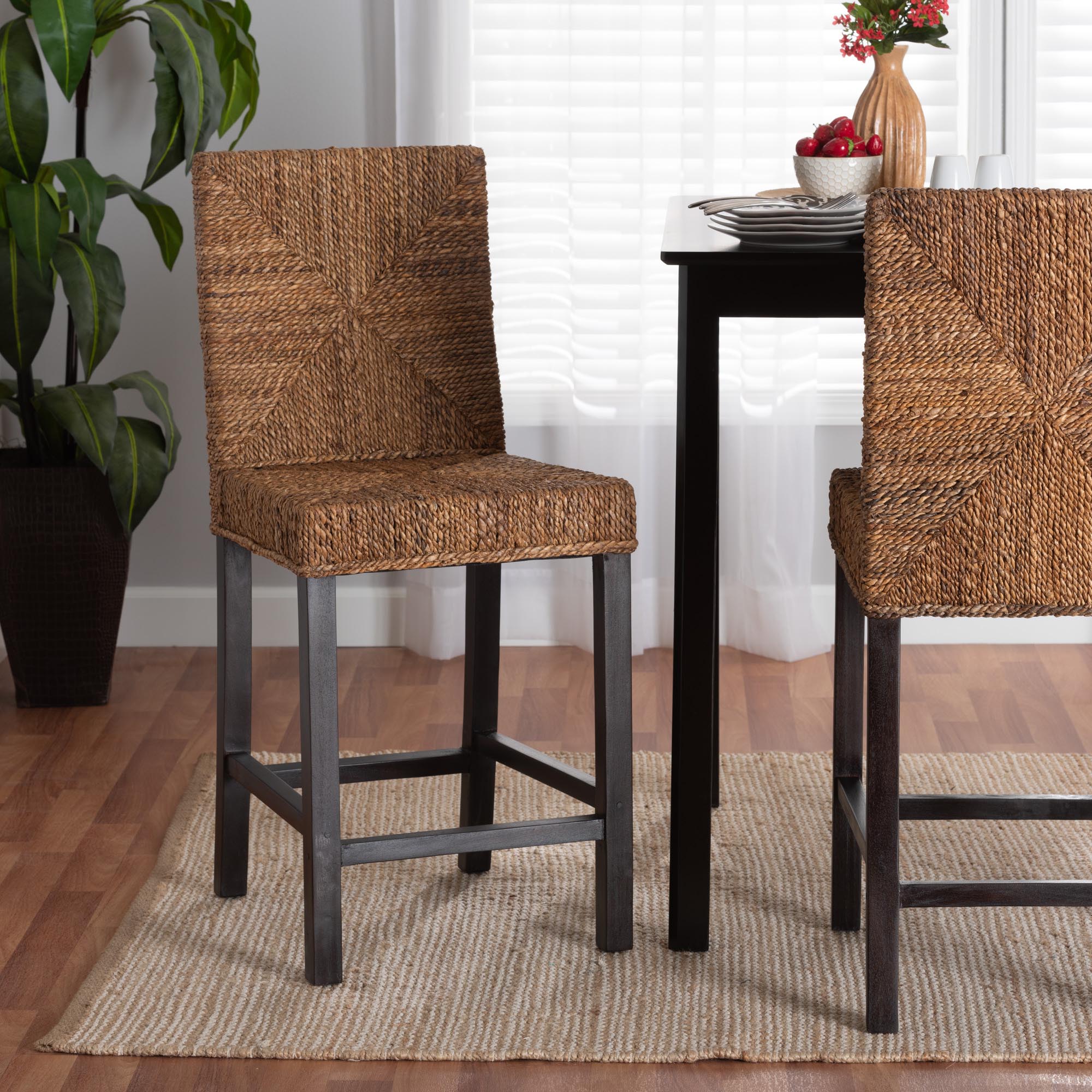 bali & pari Laymi Modern Bohemian Dark Brown Mahogany Wood and Seagrass Counter Stool