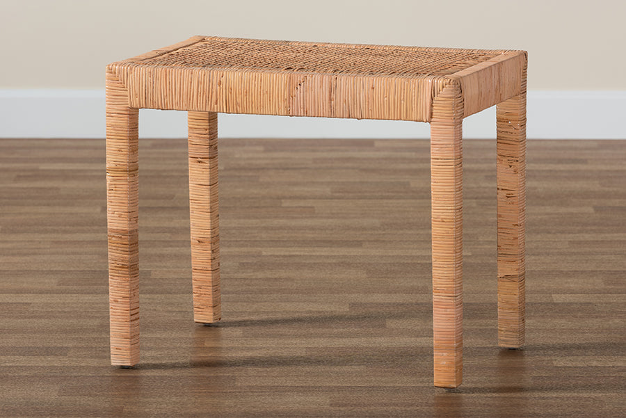 bali & pari Abelia Modern Bohemian Natural Rattan and Mahogany Wood Short Accent Bench