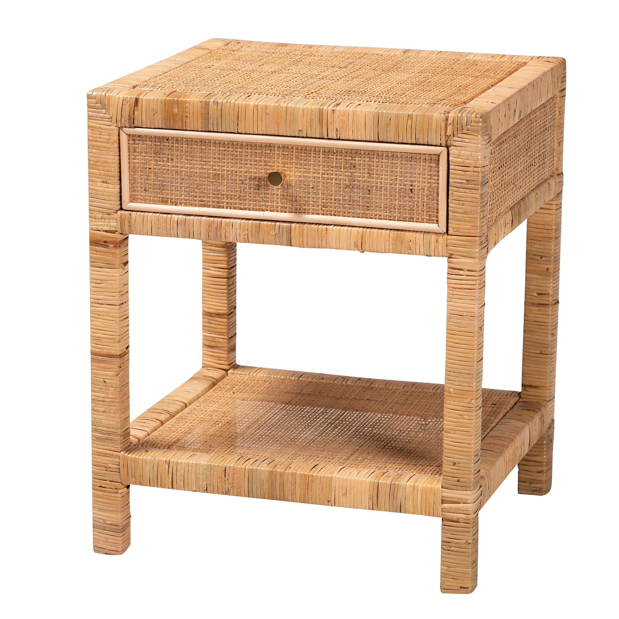 bali & pari Adelia Modern Bohemian Natural Rattan and Mahogany Wood 1-Drawer Nightstand