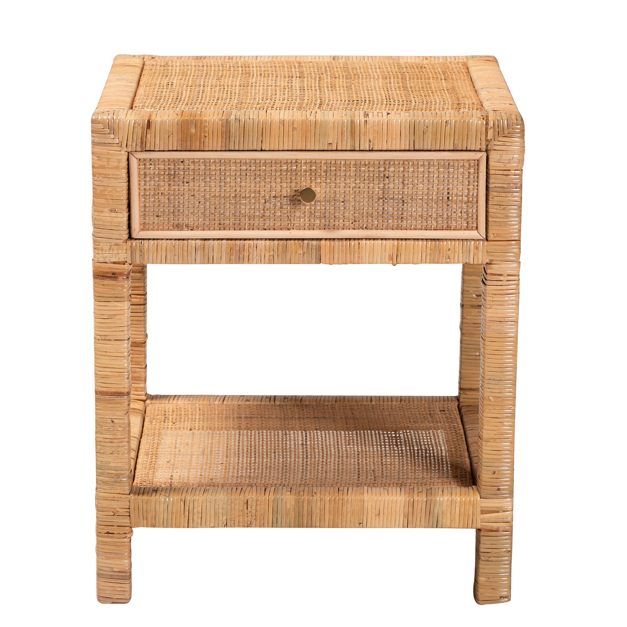 Adelia Modern Bohemian Natural Rattan and Mahogany Wood 1-Drawer Nightstand
