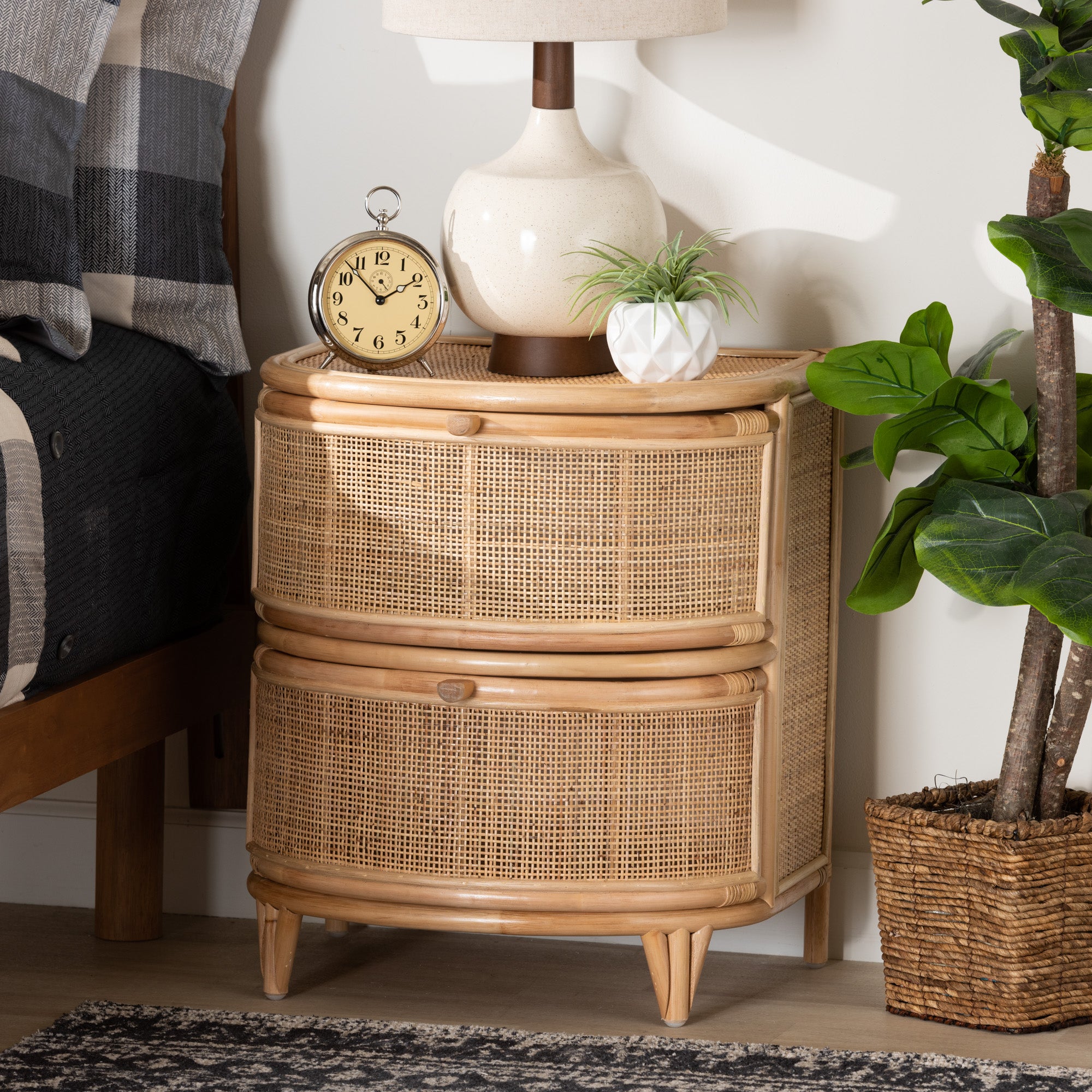 Oleta Modern Bohemian Natural Brown Rattan 2-Drawer Nightstand