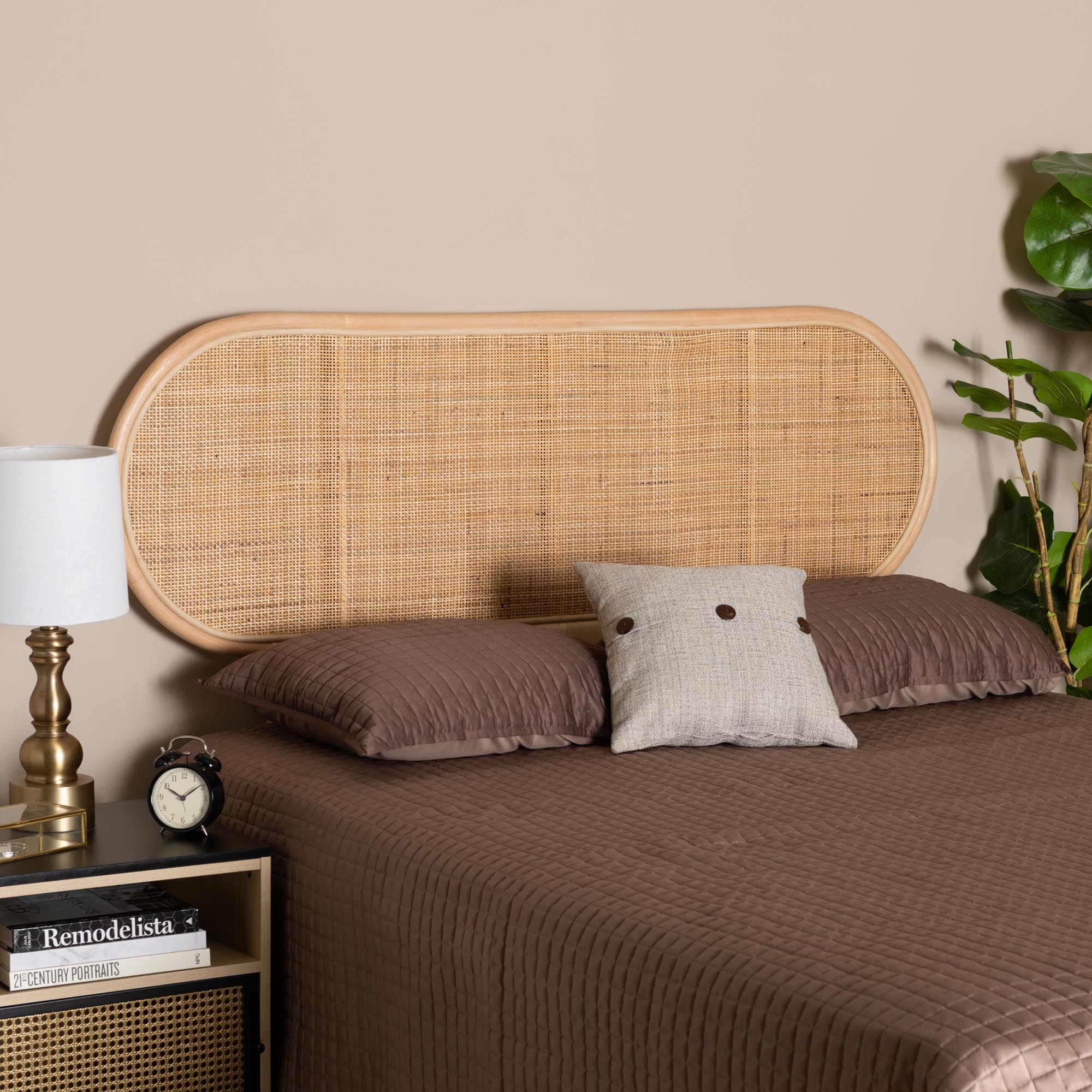Reegan Modern Bohemian Natural Brown Rattan Queen Size Standalone Headboard