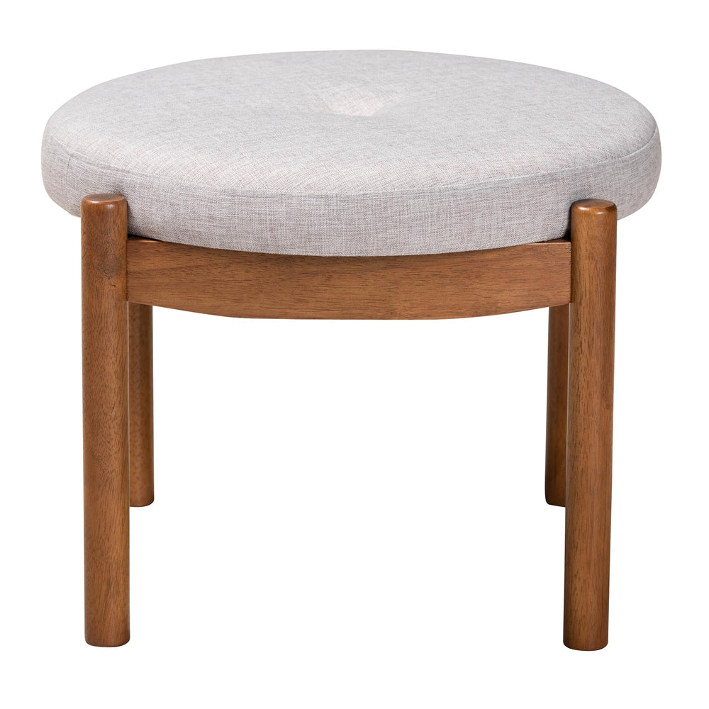 Iliana Japandi Greyish Beige Fabric and Walnut Brown Finished Wood Ottoman Footstool
