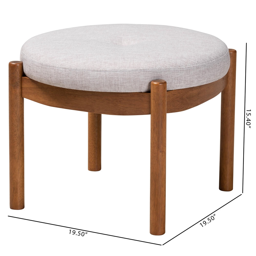 Iliana Japandi Greyish Beige Fabric and Walnut Brown Finished Wood Ottoman Footstool