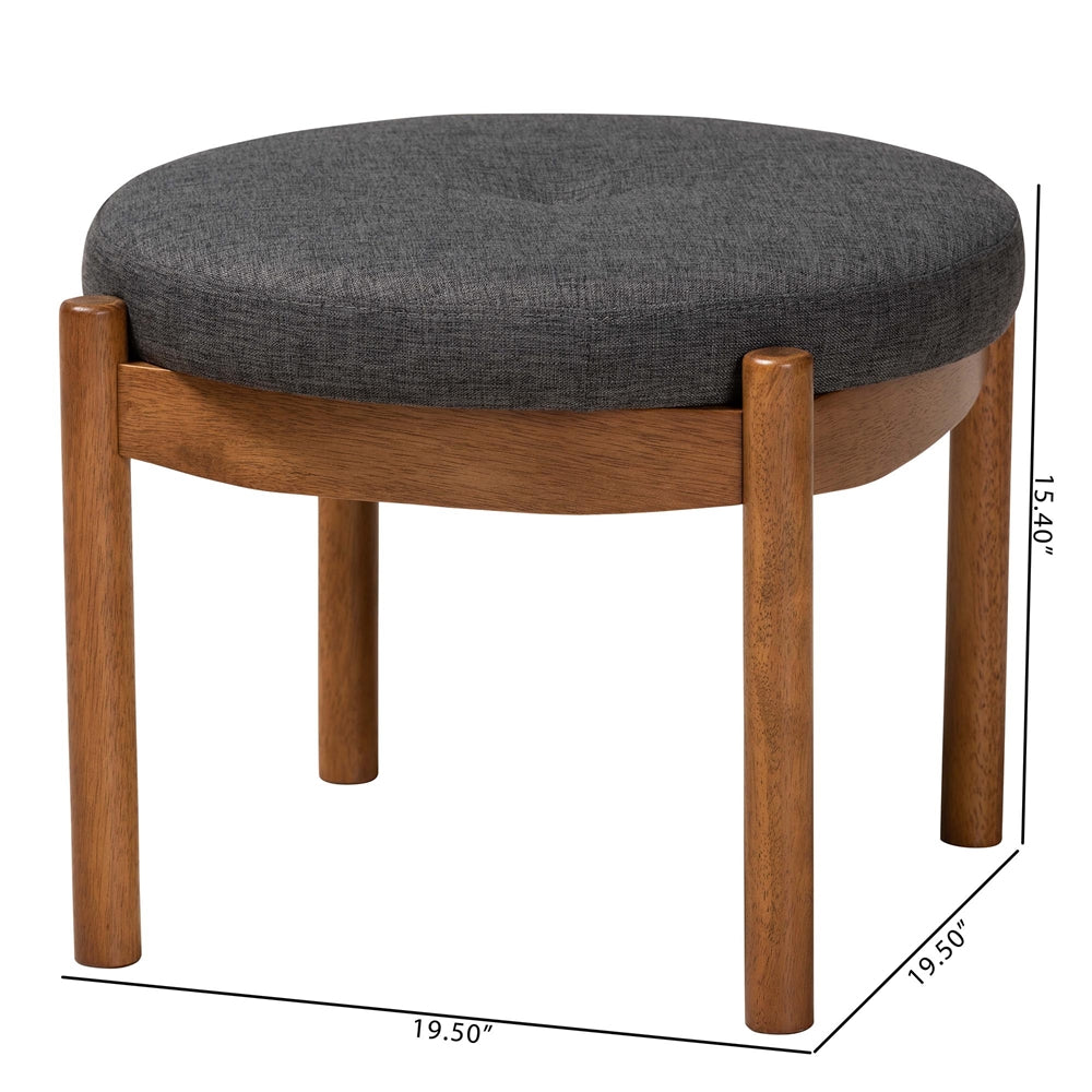 Iliana Japandi Dark Grey Fabric and Walnut Brown Finished Wood Ottoman Footstool