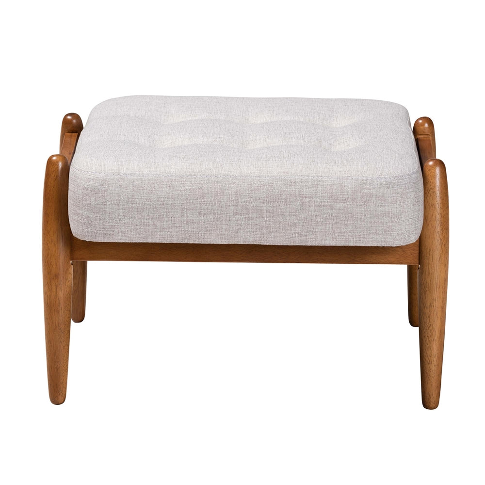 Jeanine Japandi Greyish Beige Fabric and Walnut Brown Finished Wood Ottoman Footstool