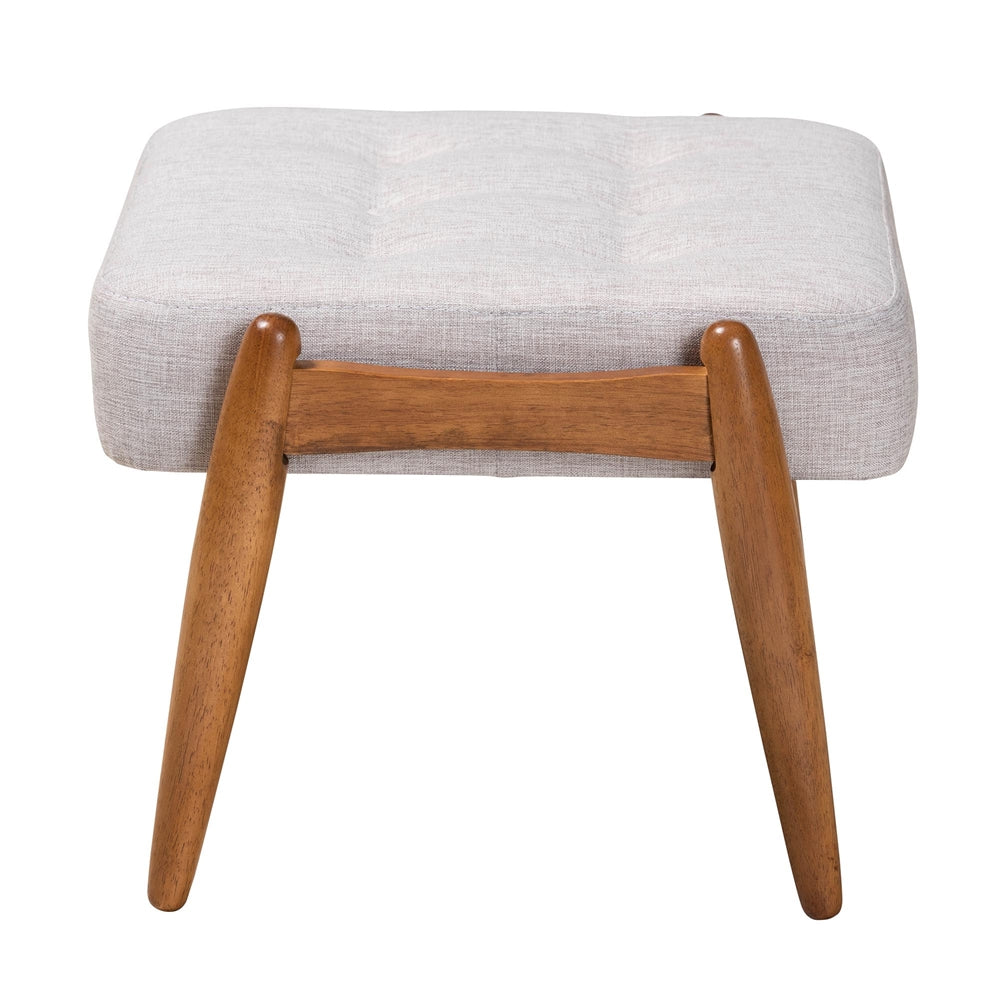 Jeanine Japandi Greyish Beige Fabric and Walnut Brown Finished Wood Ottoman Footstool