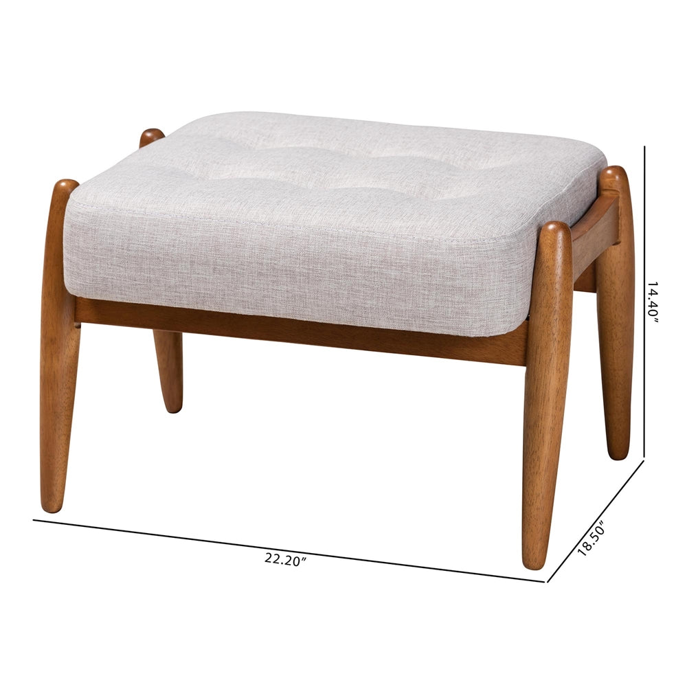 Jeanine Japandi Greyish Beige Fabric and Walnut Brown Finished Wood Ottoman Footstool