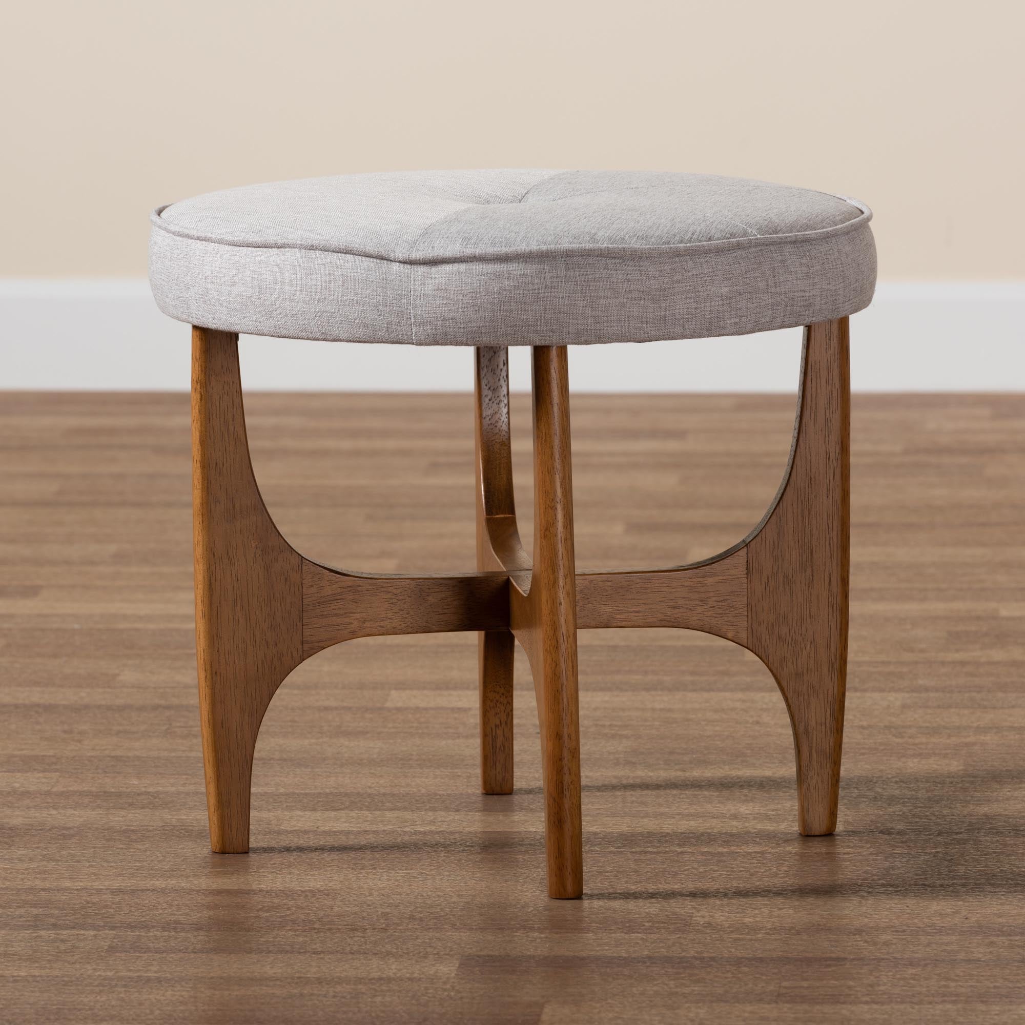 Theo Japandi Greyish Beige Fabric and Walnut Brown Finished Wood Ottoman Footstool
