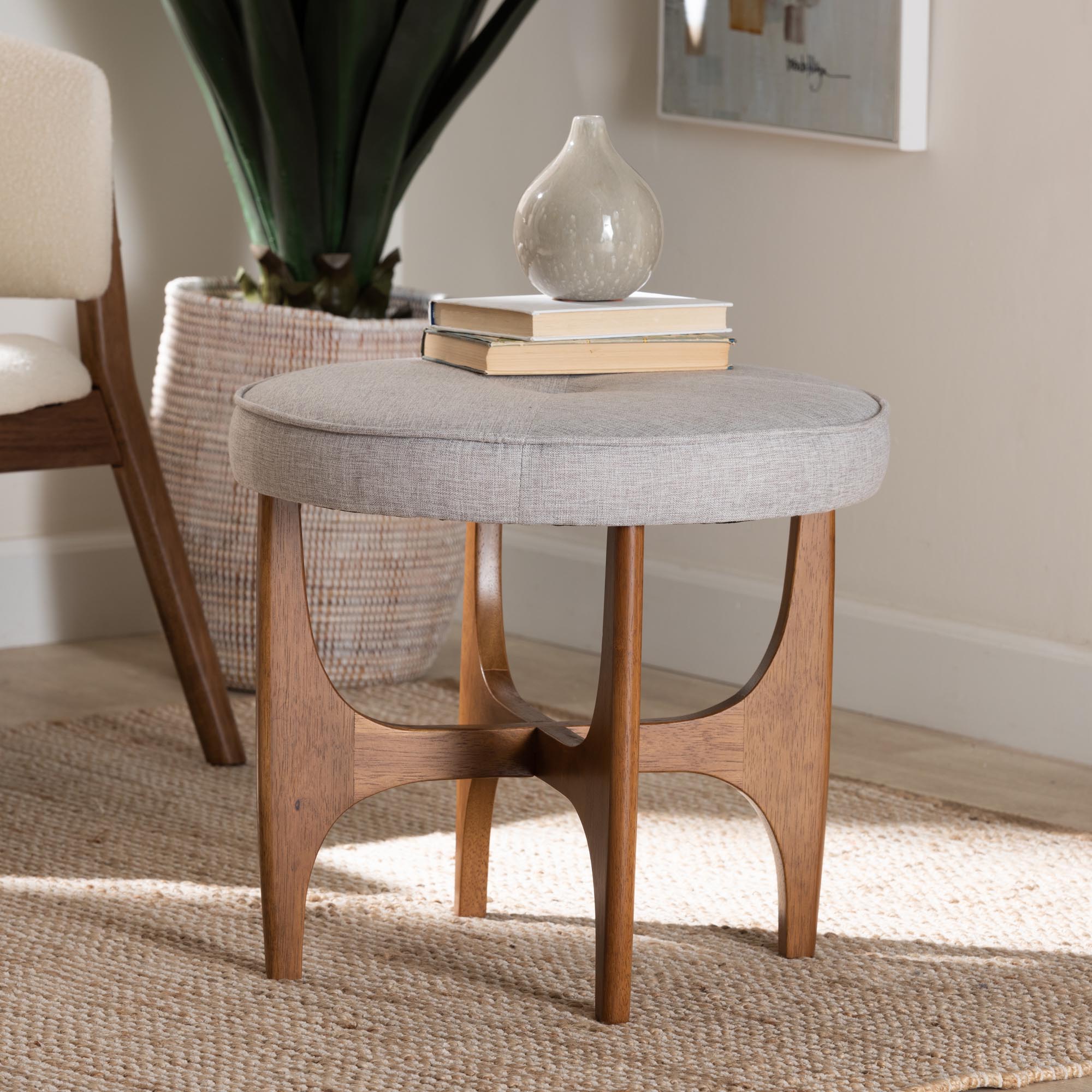 Theo Japandi Greyish Beige Fabric and Walnut Brown Finished Wood Ottoman Footstool
