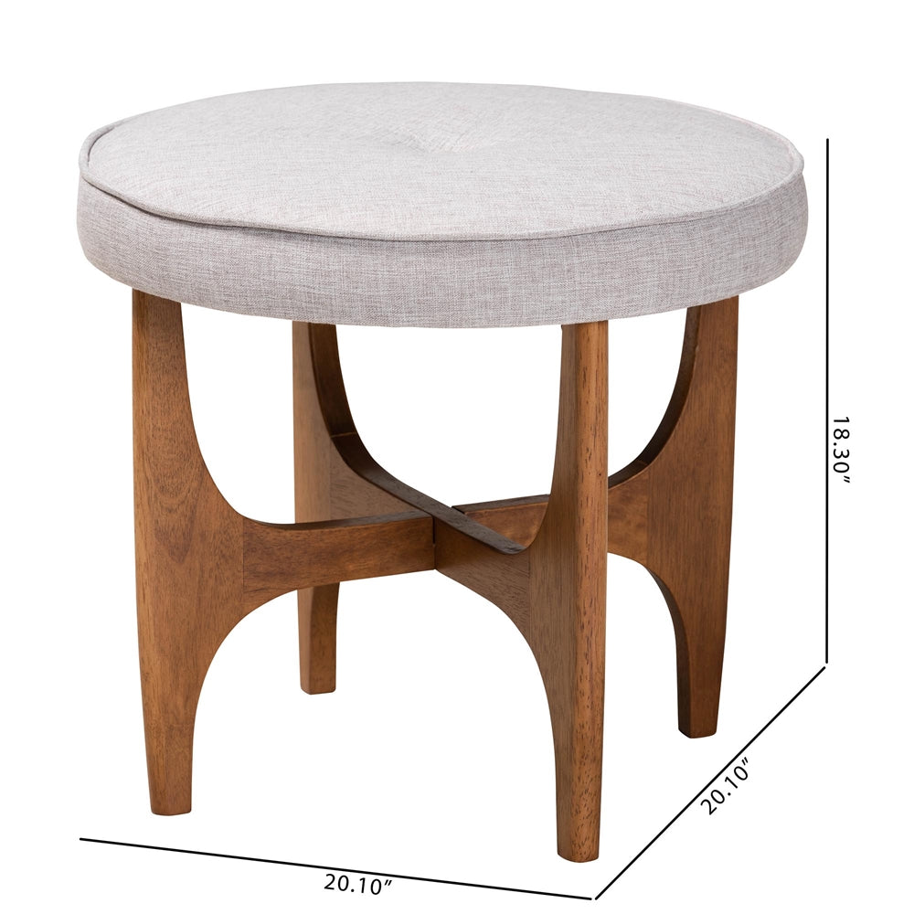 Theo Japandi Greyish Beige Fabric and Walnut Brown Finished Wood Ottoman Footstool