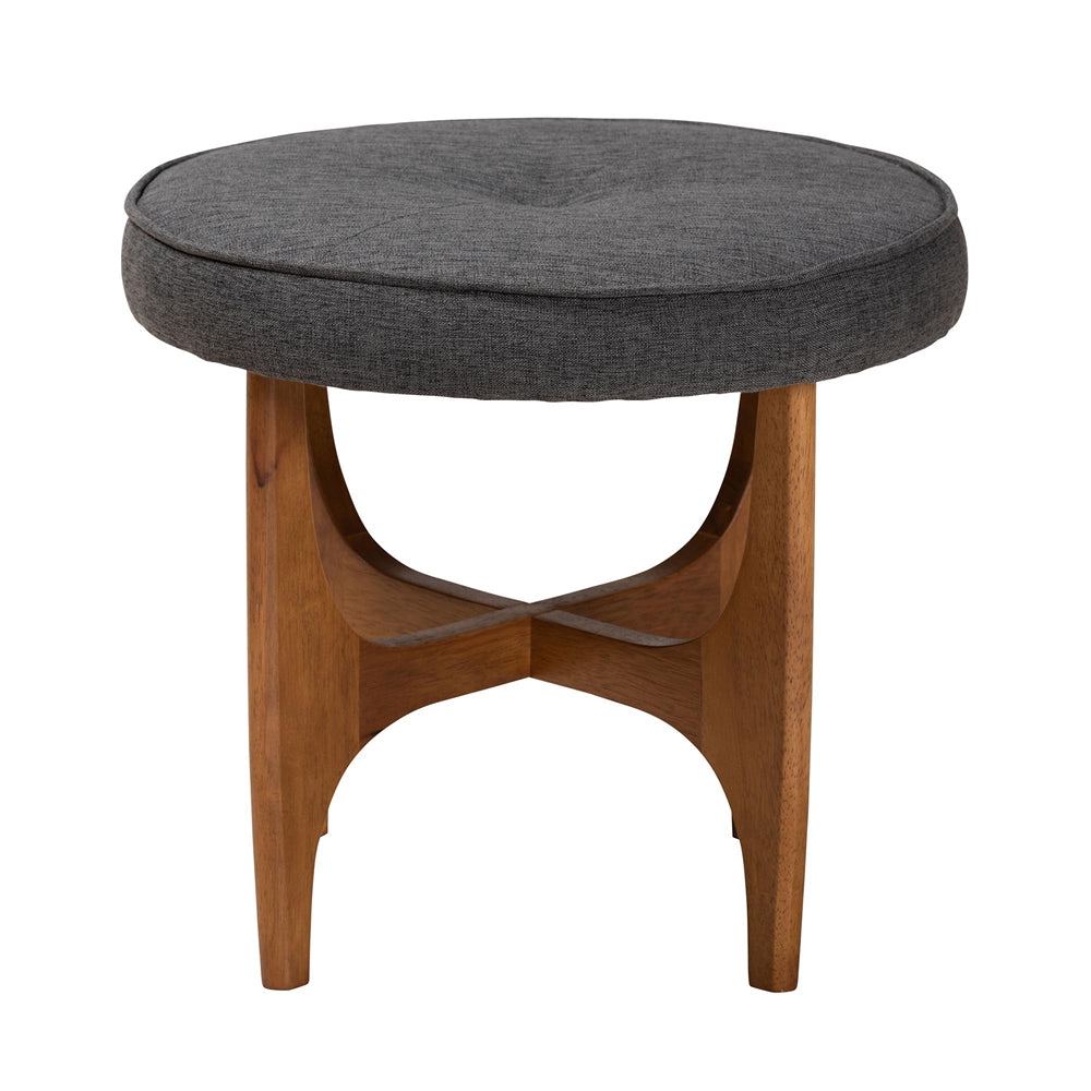 Theo Japandi Dark Grey Fabric and Walnut Brown Finished Wood Ottoman Footstool