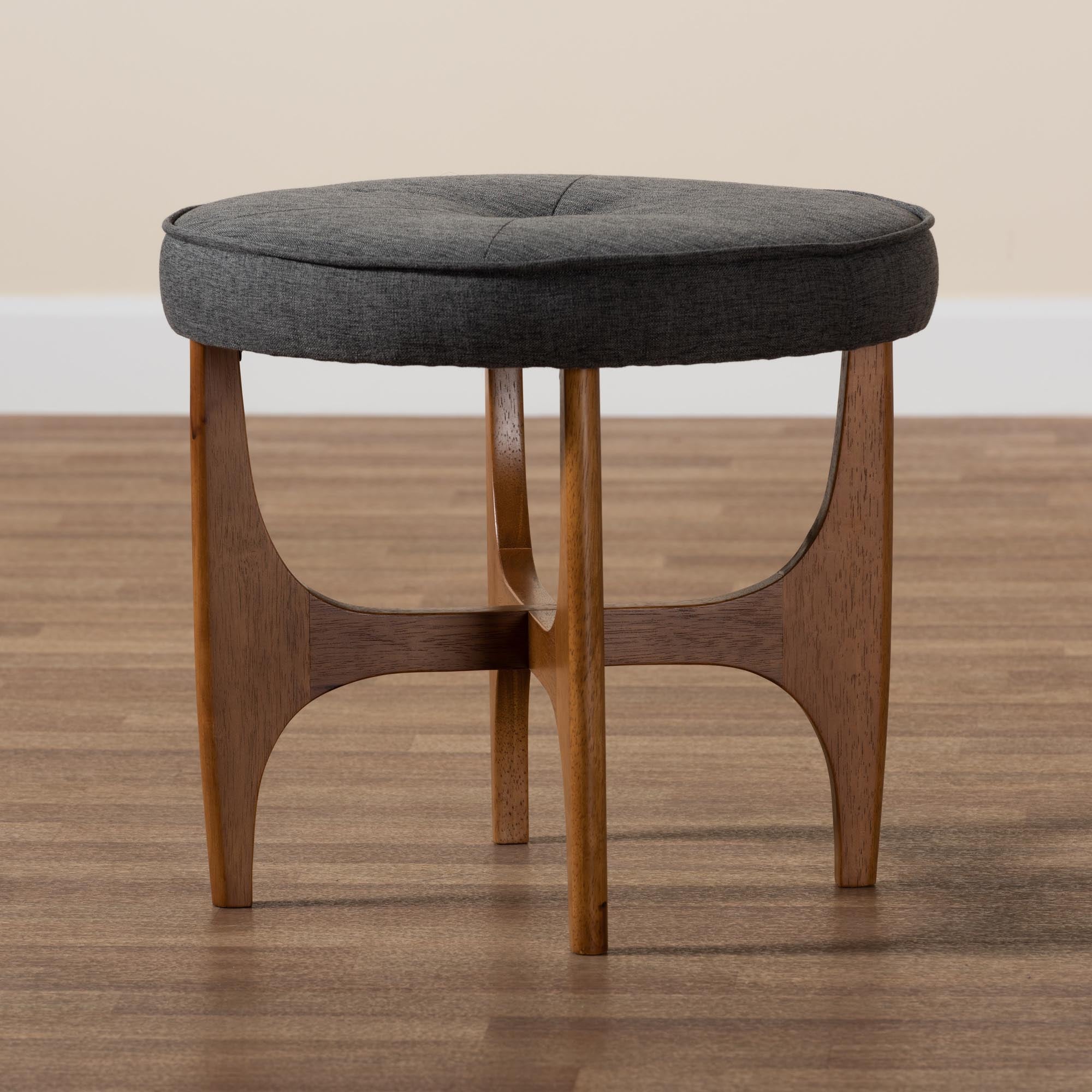 Theo Japandi Dark Grey Fabric and Walnut Brown Finished Wood Ottoman Footstool