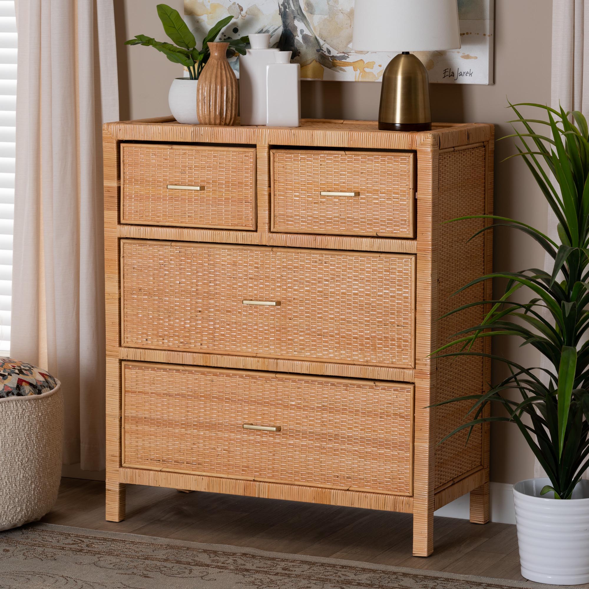 Vaere Modern Bohemian Natural Brown Rattan and Mahogany Wood Storage Cabinet
