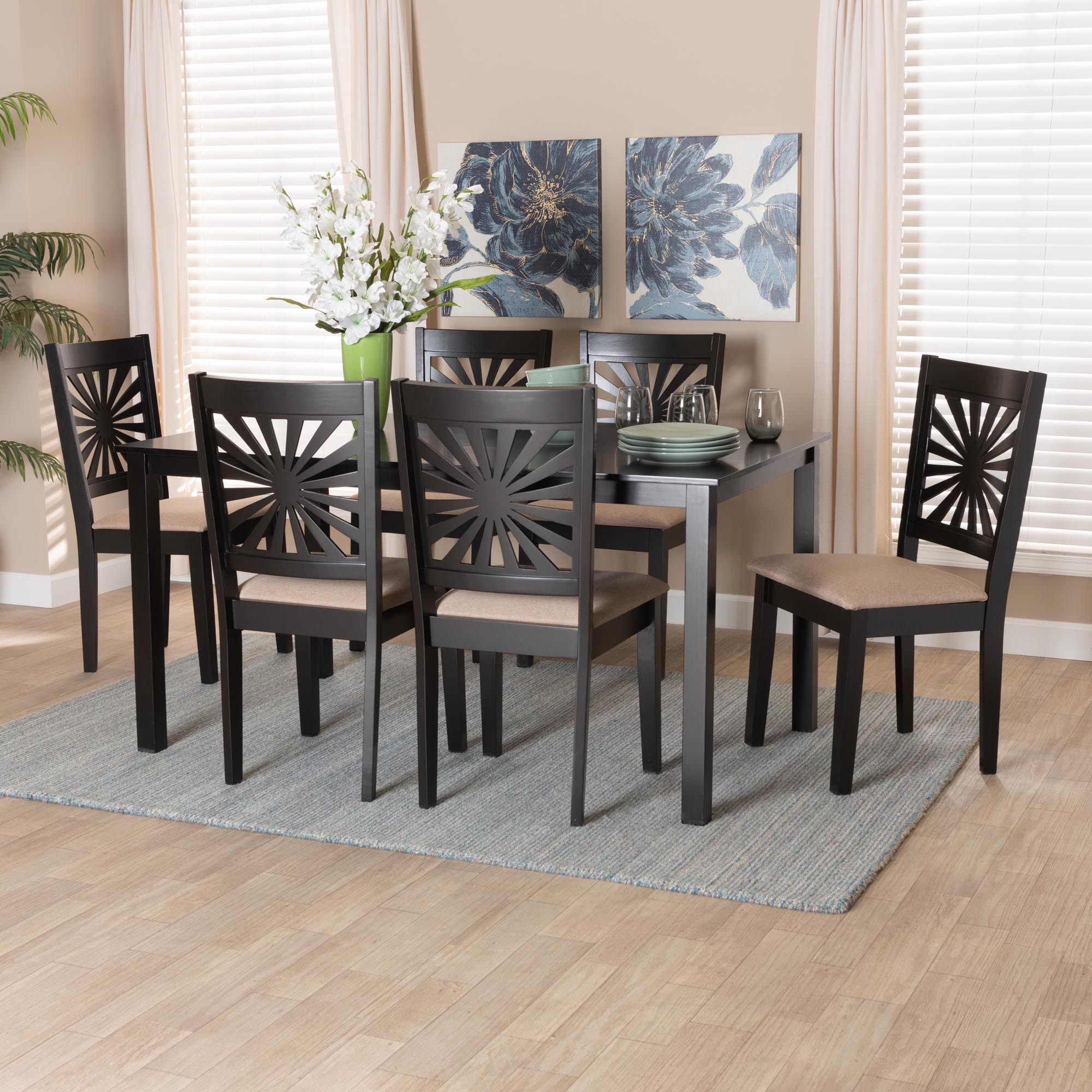 Olympia Modern Beige Fabric and Espresso Brown Finished Wood 7-Piece Dining Set