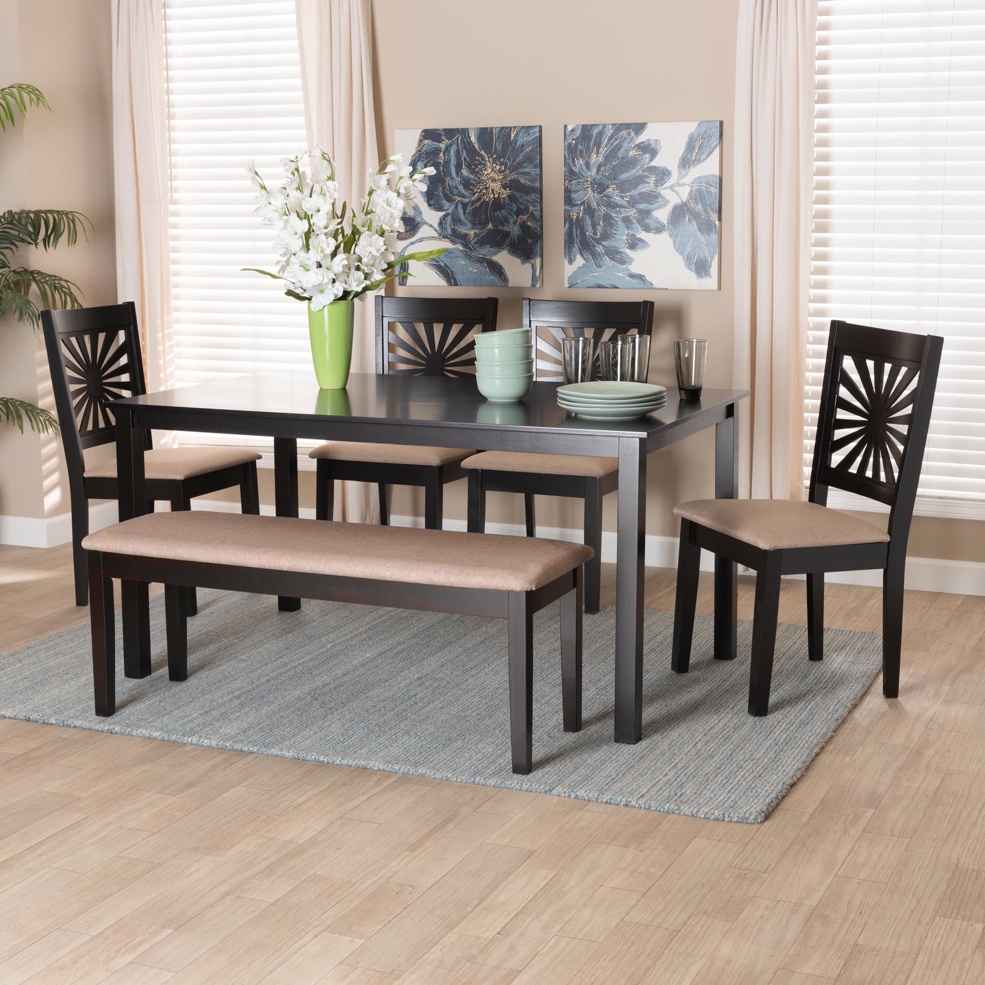 Olympia Modern Beige Fabric and Espresso Brown Finished Wood 6-Piece Dining Set