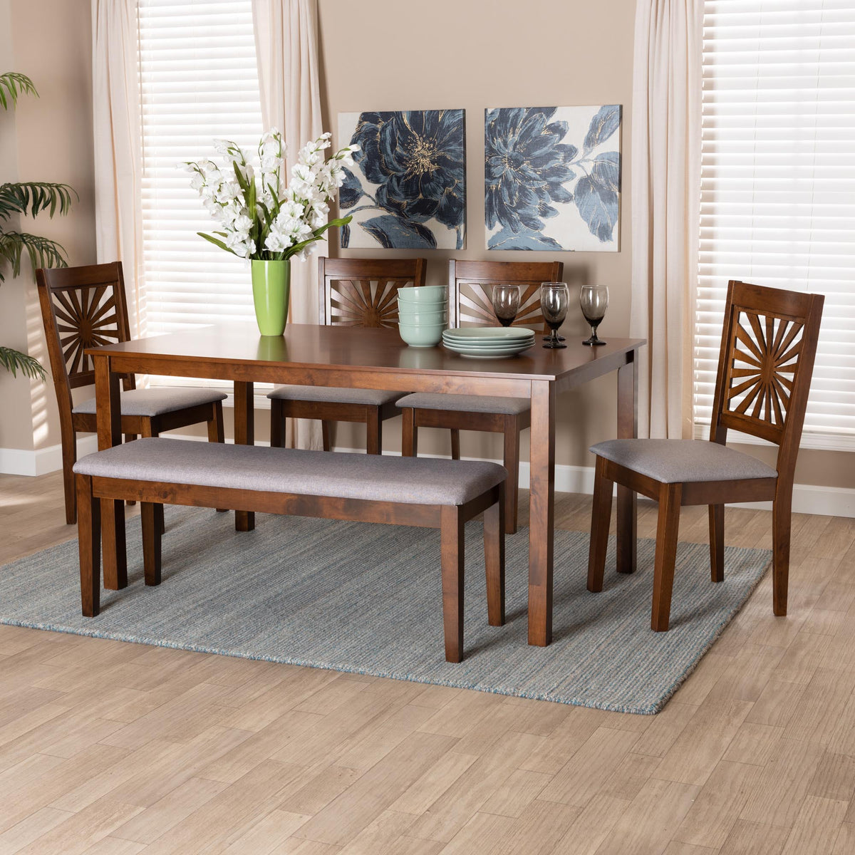 Olympia Modern Grey Fabric and Walnut Brown Finished Wood 6-Piece Dining Set