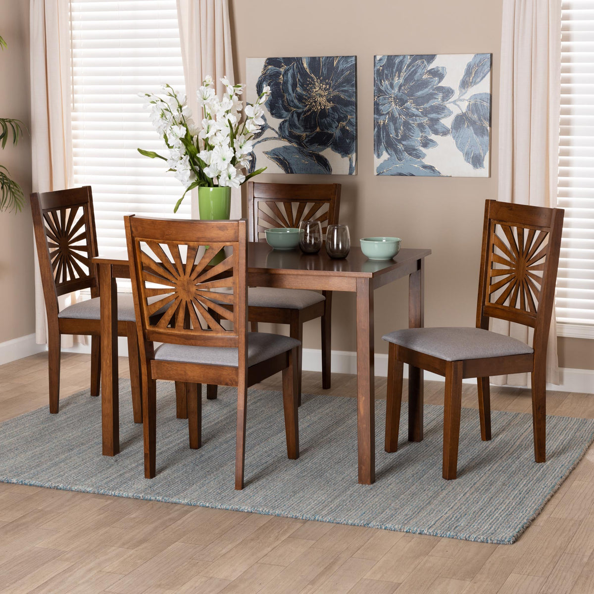 Olympia Modern Grey Fabric and Walnut Brown Finished Wood 5-Piece Dining Set