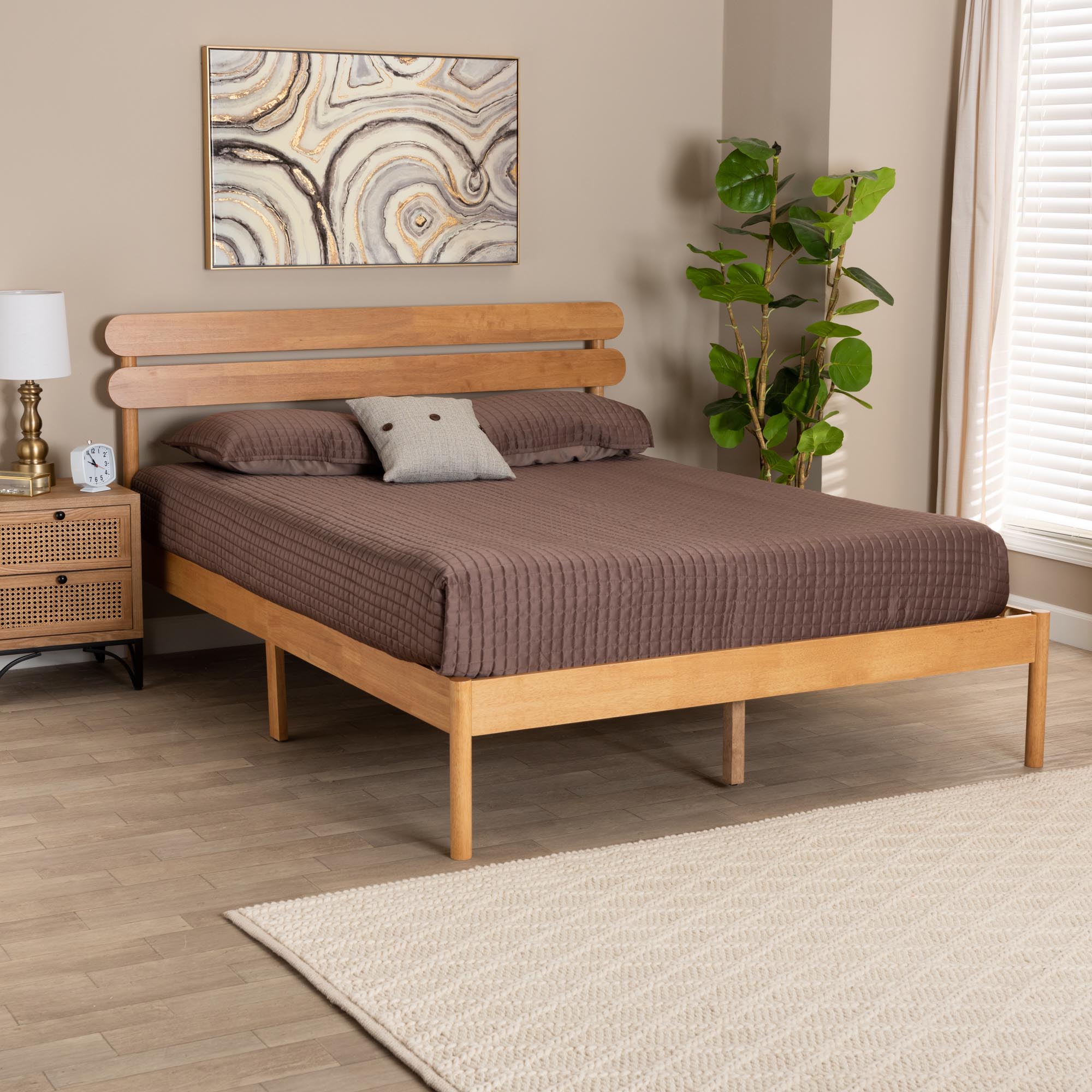 Evander Queen Platform Bed – Japandi Minimalist Wood Frame Sandy Brown