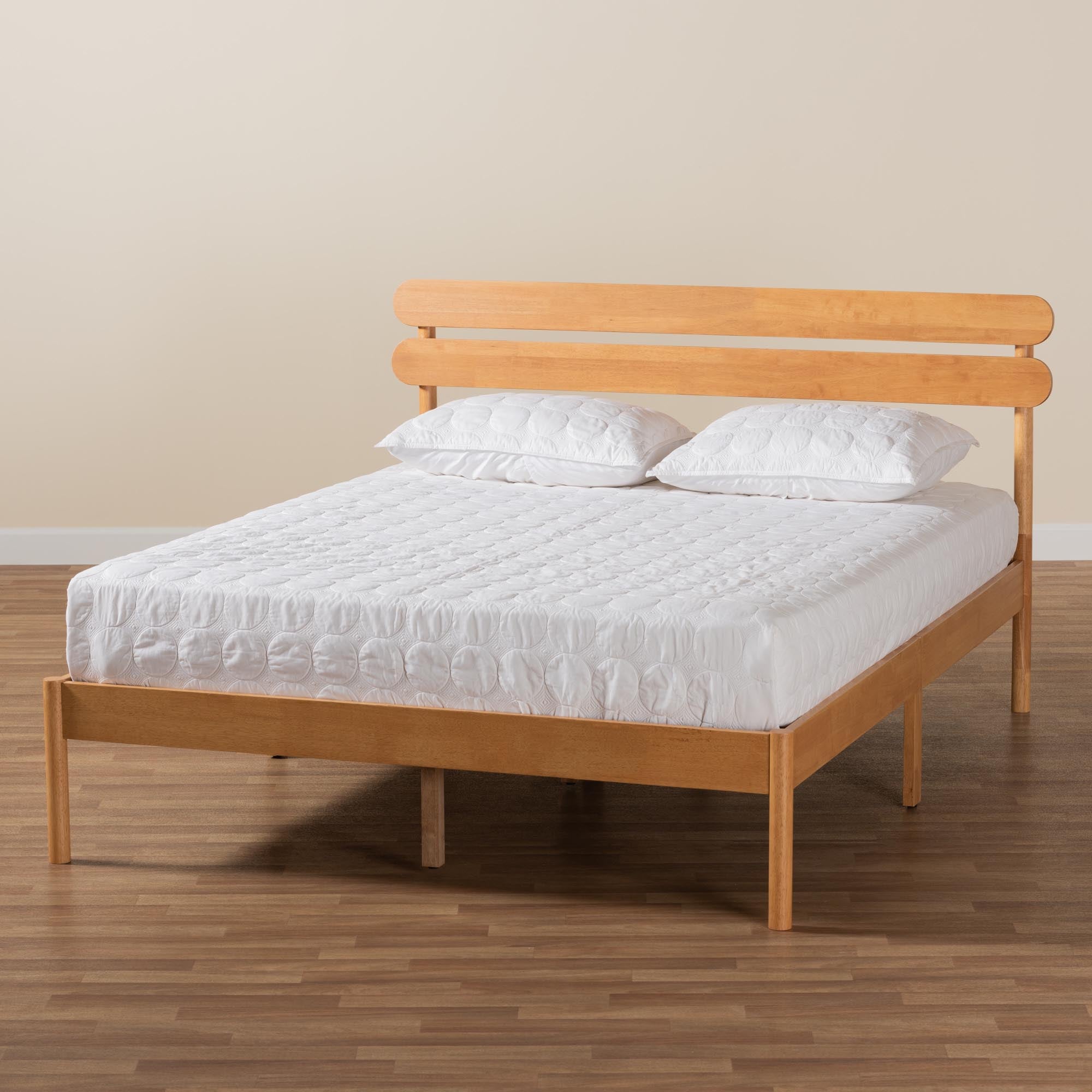 Evander Queen Platform Bed – Japandi Minimalist Wood Frame Sandy Brown