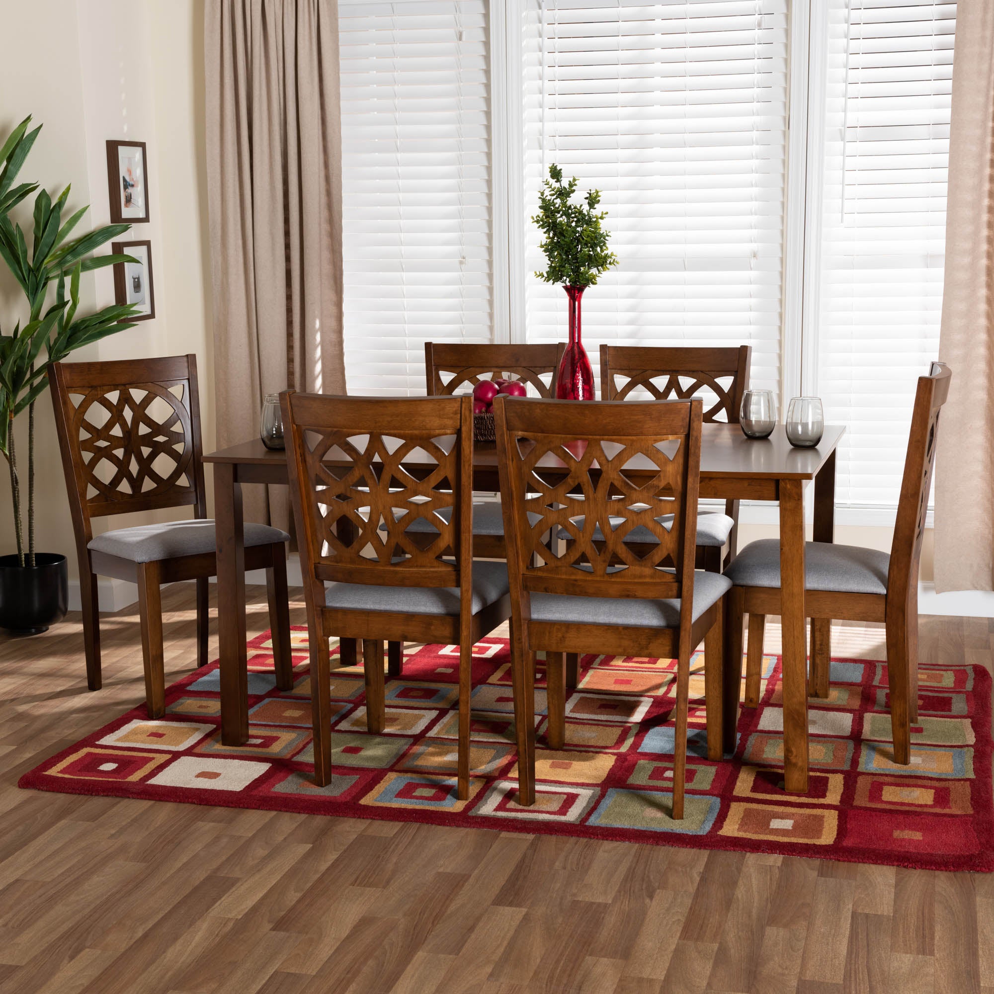Abigail Modern Grey Fabric and Walnut Brown Finished Wood 7-Piece Dining Set