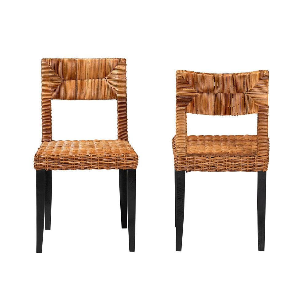 bali & pari Manrico Modern Bohemian Dark Brown Finished Wood and Natural Rattan 2-Piece Dining Chair Set