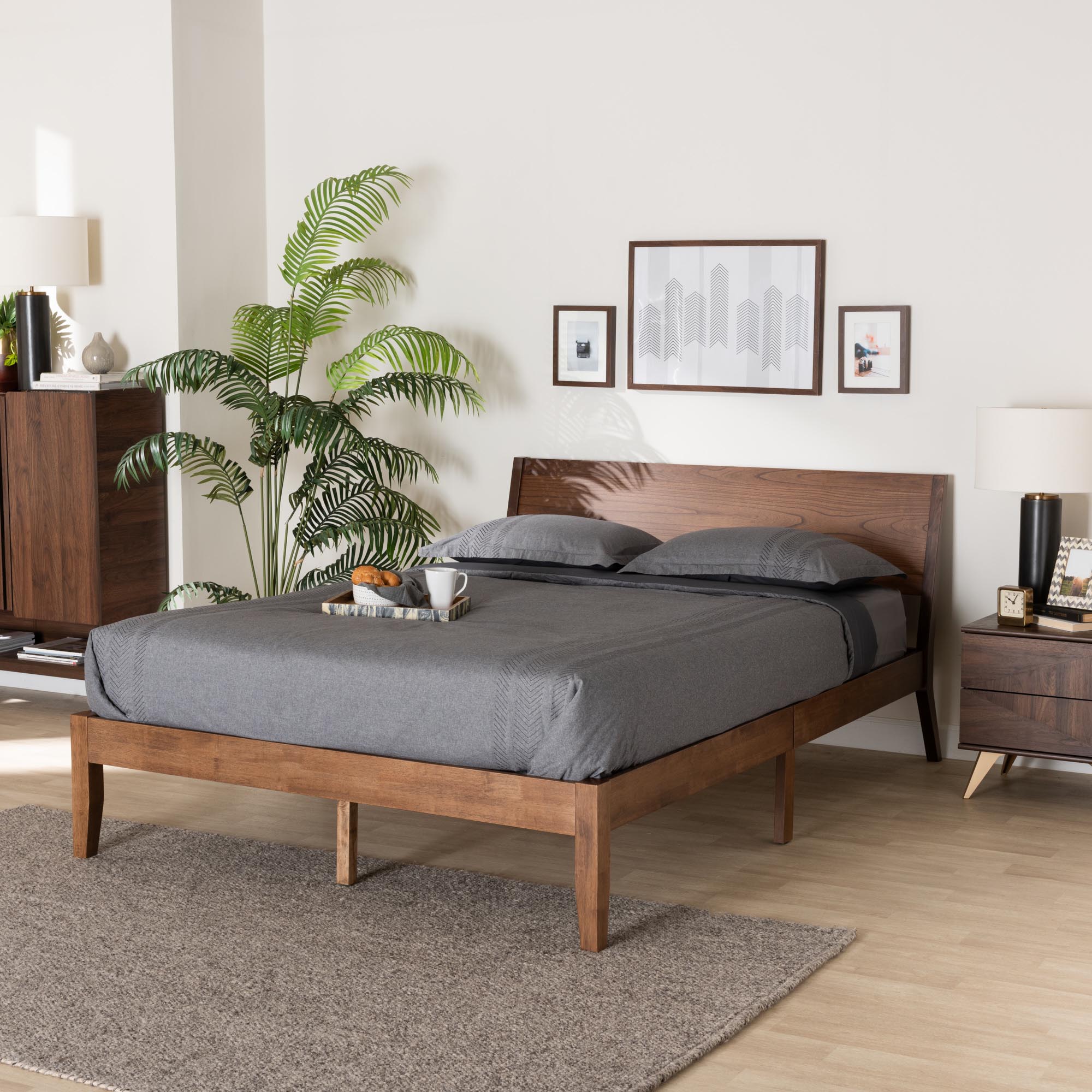 Devona King Size Mid-Century Platform Bed Walnut Brown Wood with Wingback Headboard