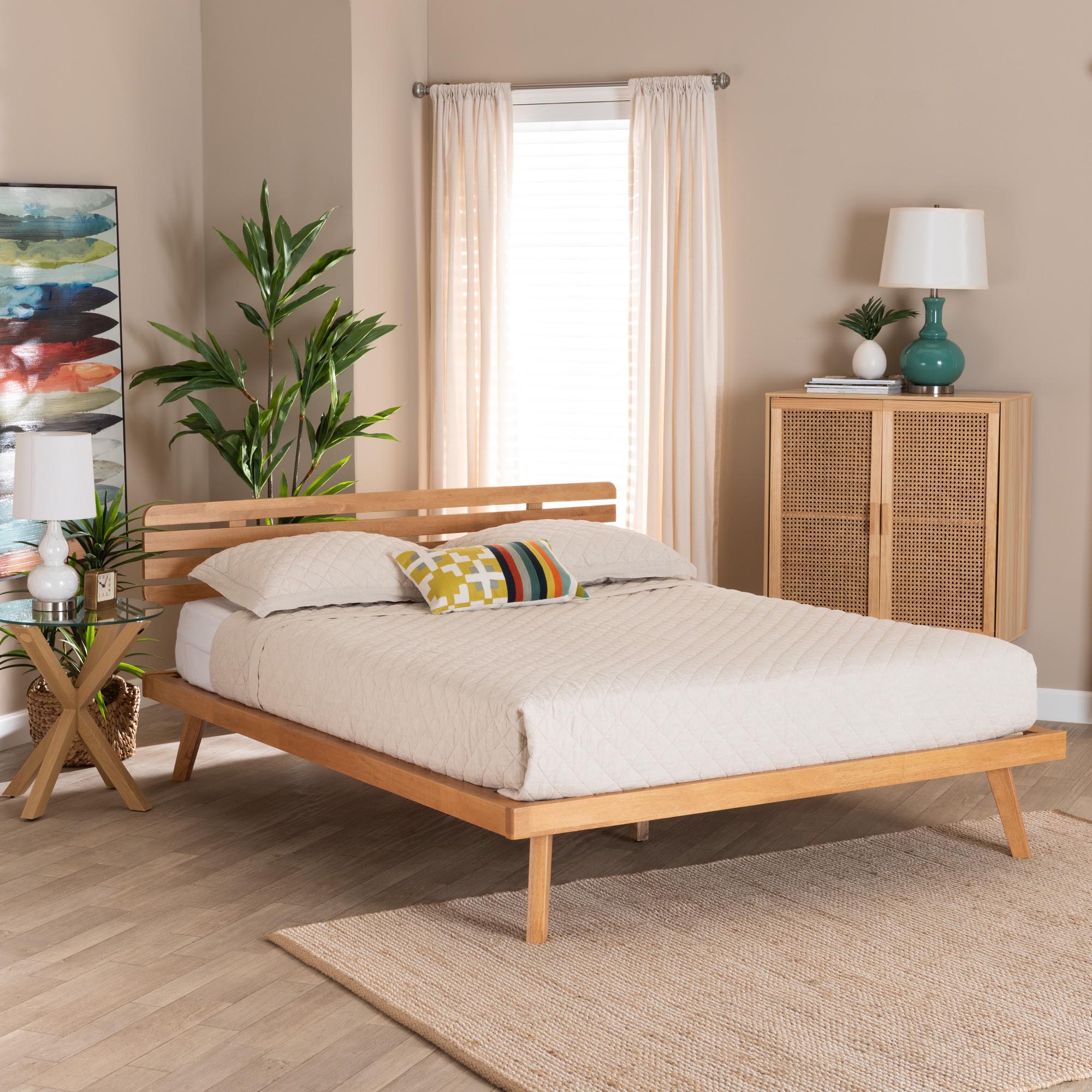 Carlin Queen Wood Slat Platform Bed – Modern Japandi Rustic Brown Headboard