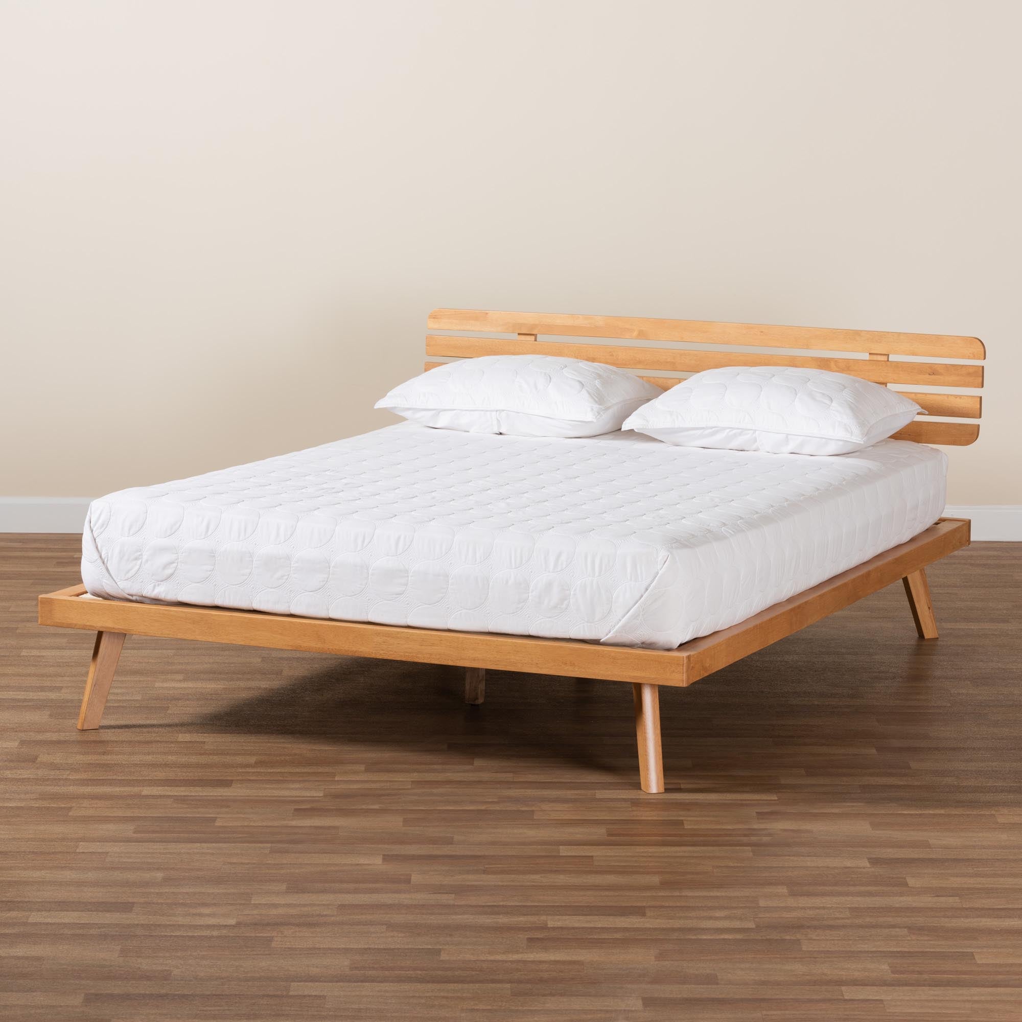 Carlin Queen Wood Slat Platform Bed Modern Japandi Rustic Brown Headboard