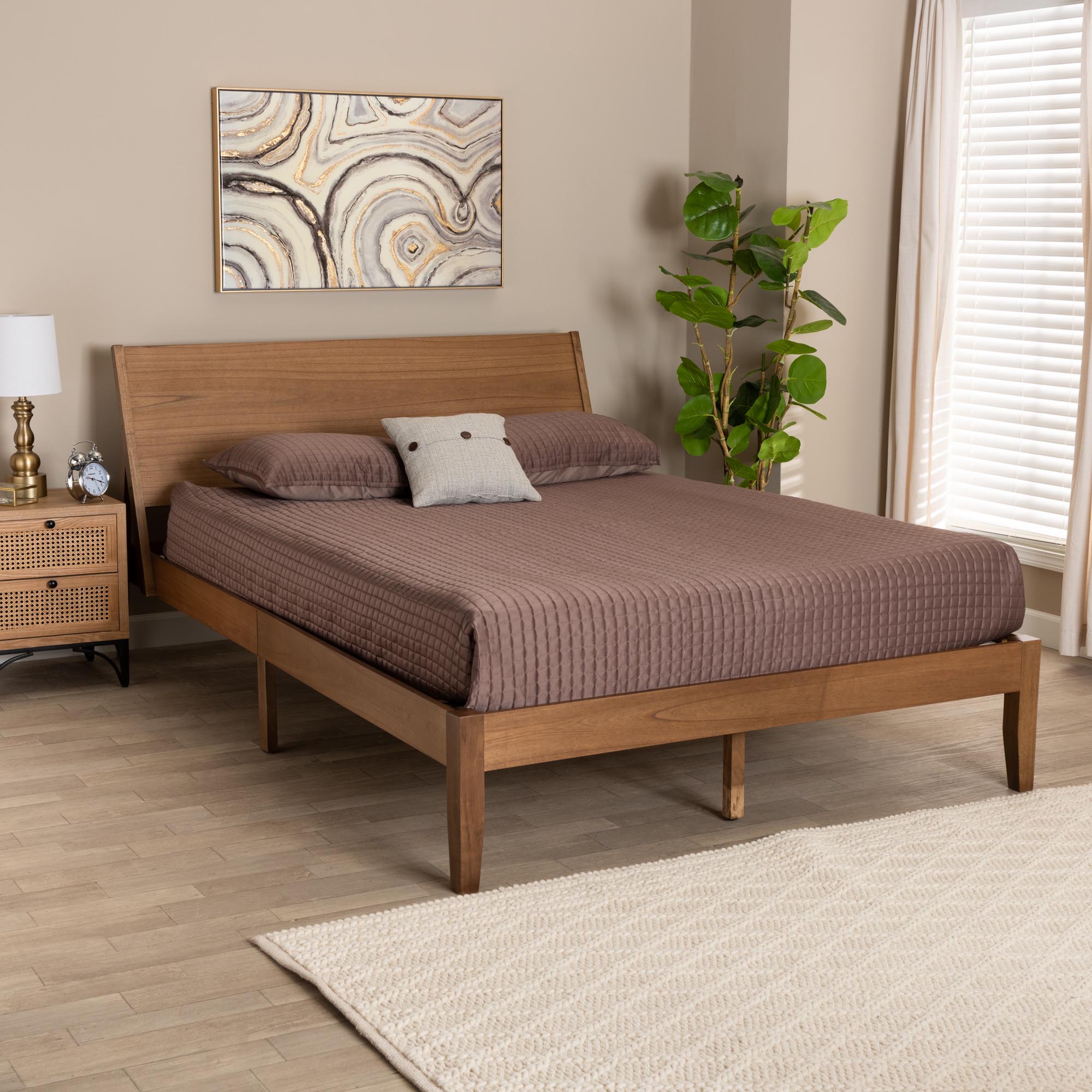 Columbo Queen Low Platform Bed – Mid-Century Walnut Brown Wood Frame
